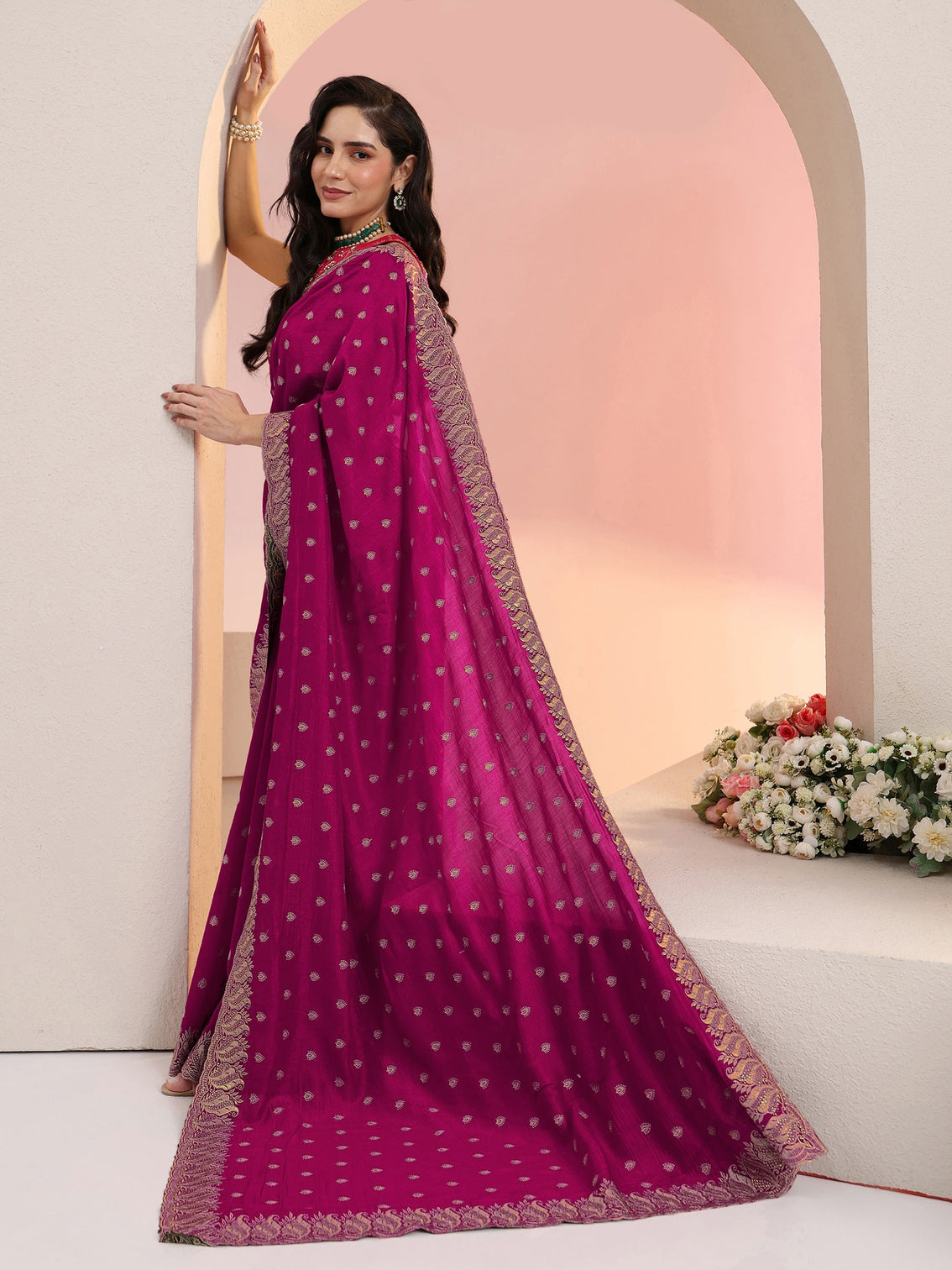 Mameraa Rani Pink Embroidered Silk Blend Saree