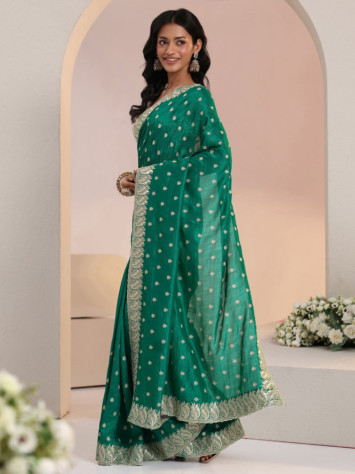 Mameraa Emerald Green Embroidered Silk Blend Saree