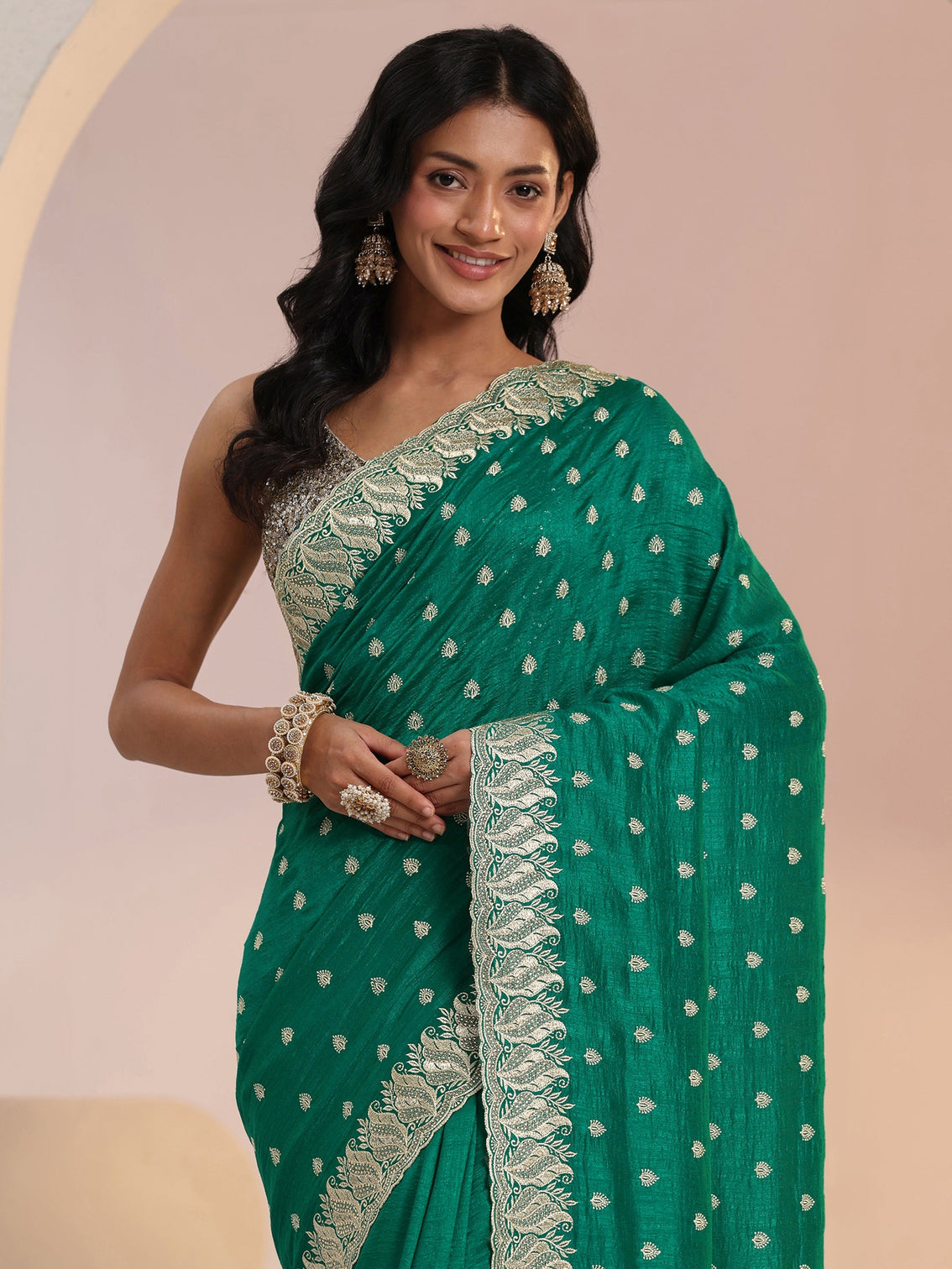 Mameraa Emerald Green Embroidered Silk Blend Saree