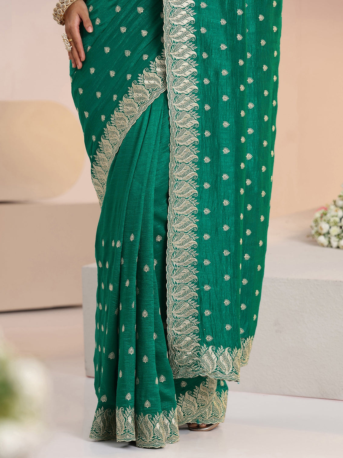 Mameraa Emerald Green Embroidered Silk Blend Saree