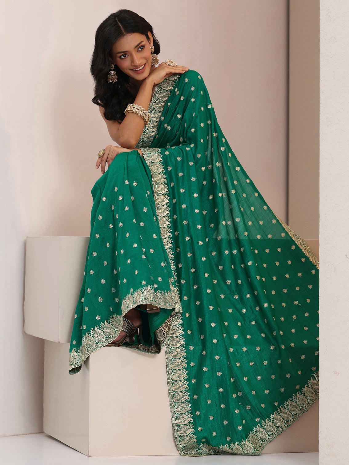 Mameraa Emerald Green Embroidered Silk Blend Saree