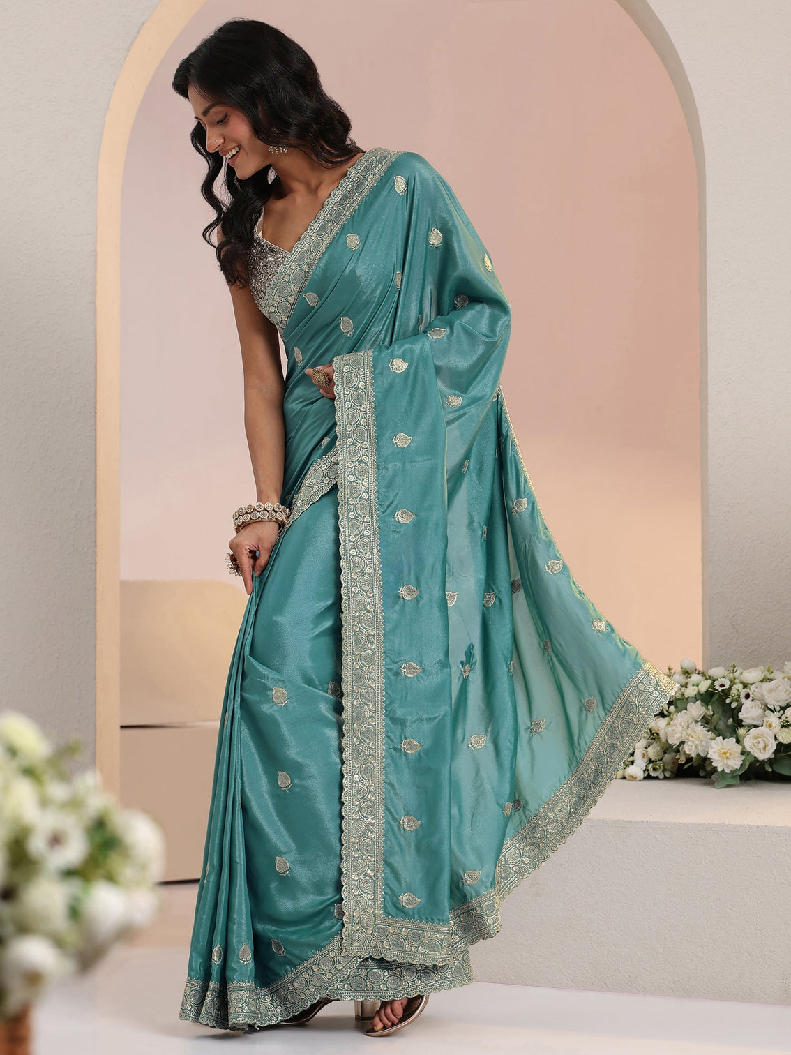 Mameraa Dusty Blue Embroidered Silk Blend Saree