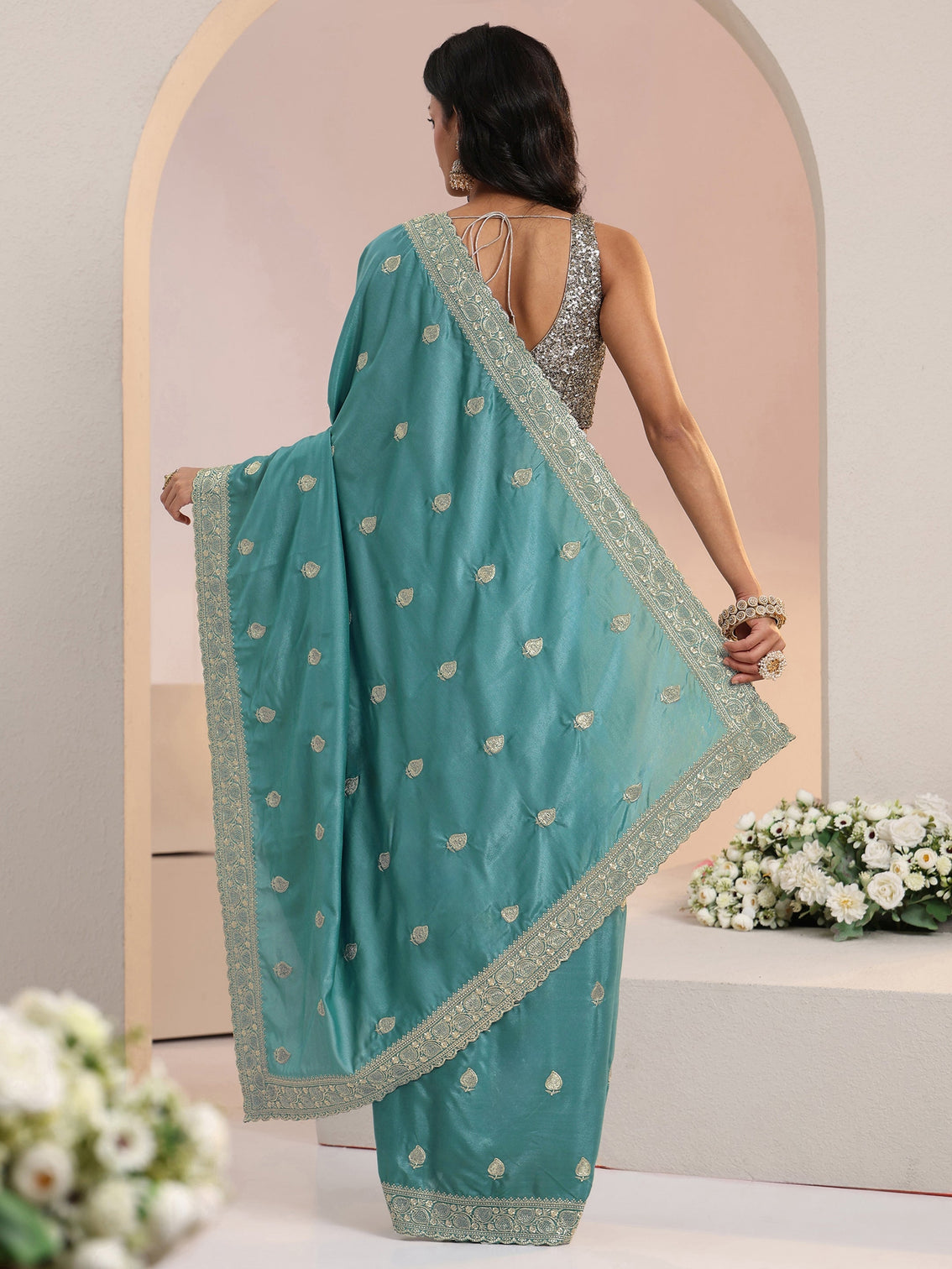 Mameraa Dusty Blue Embroidered Silk Blend Saree