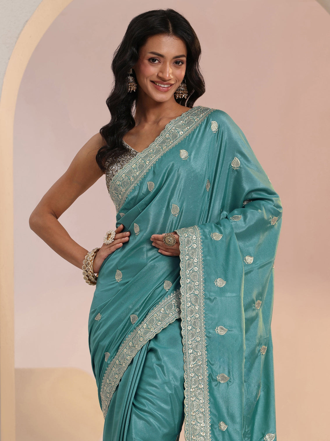Mameraa Dusty Blue Embroidered Silk Blend Saree