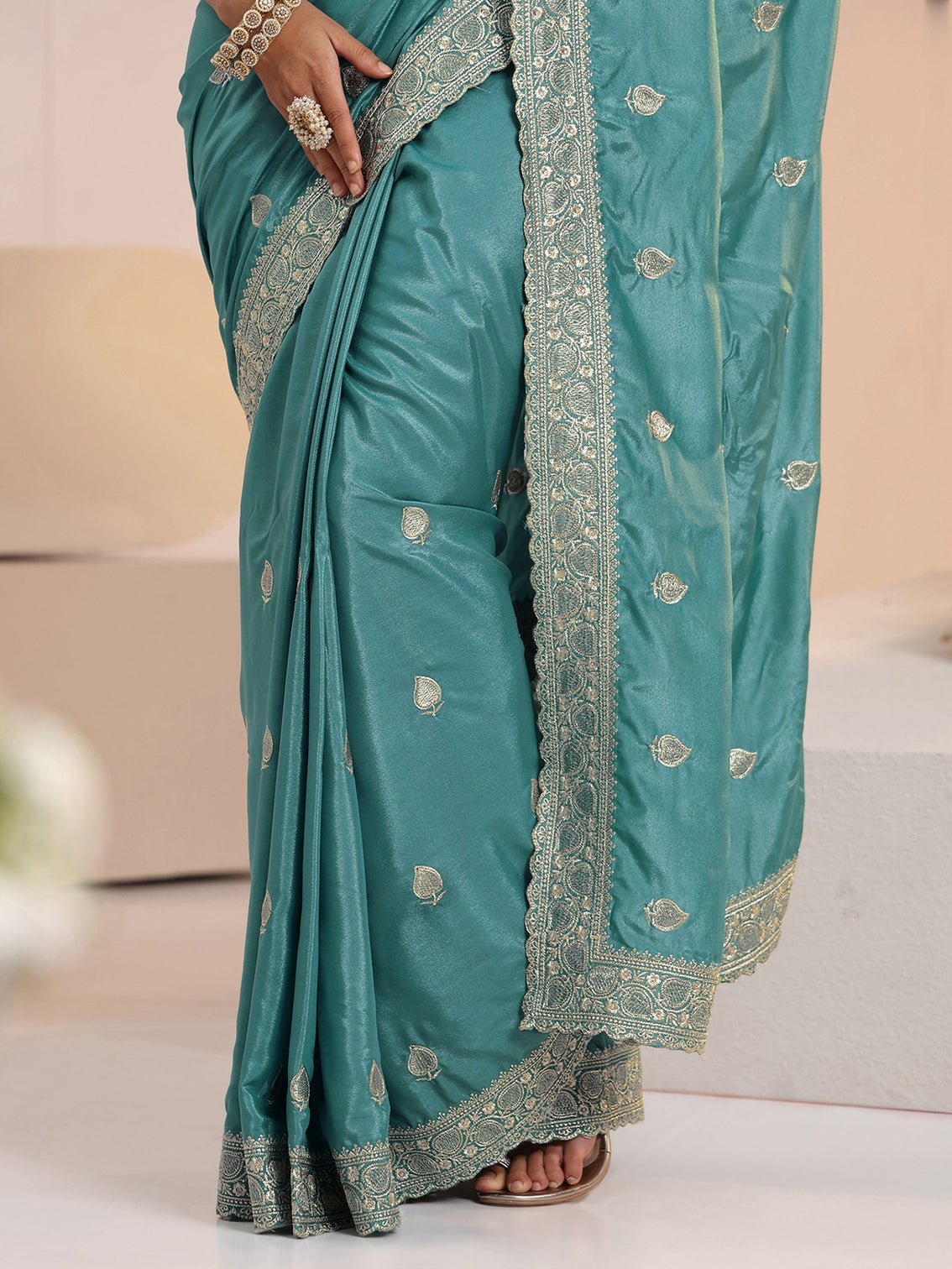 Mameraa Dusty Blue Embroidered Silk Blend Saree