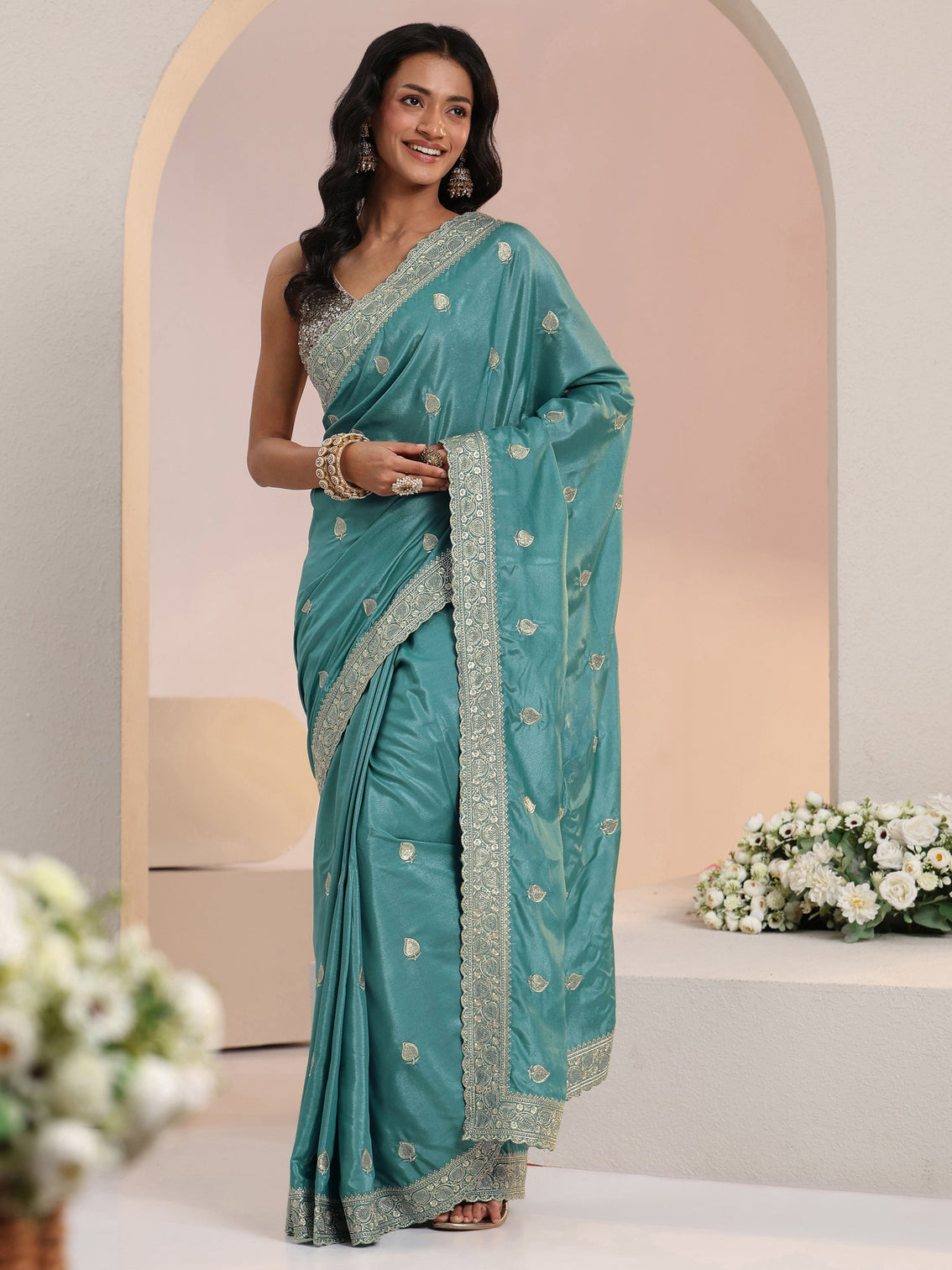 Mameraa Dusty Blue Embroidered Silk Blend Saree