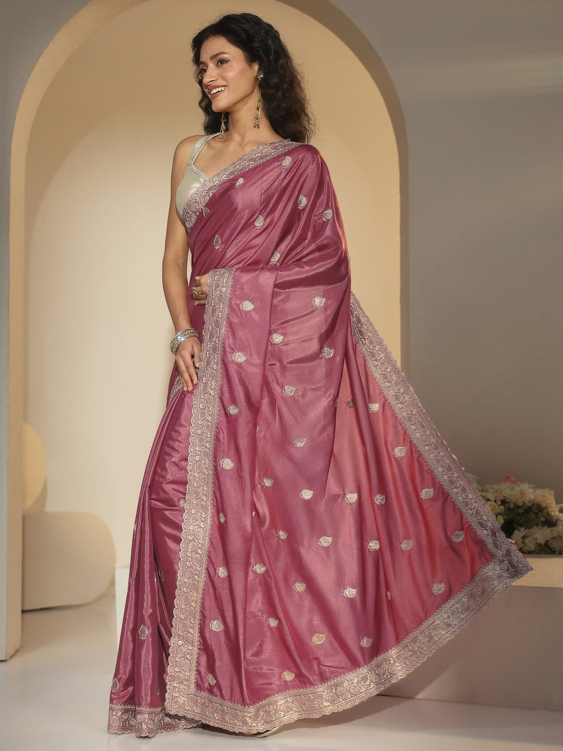 Mameraa Dusty Rose Pink Zari Embroidered Silk Blend Saree