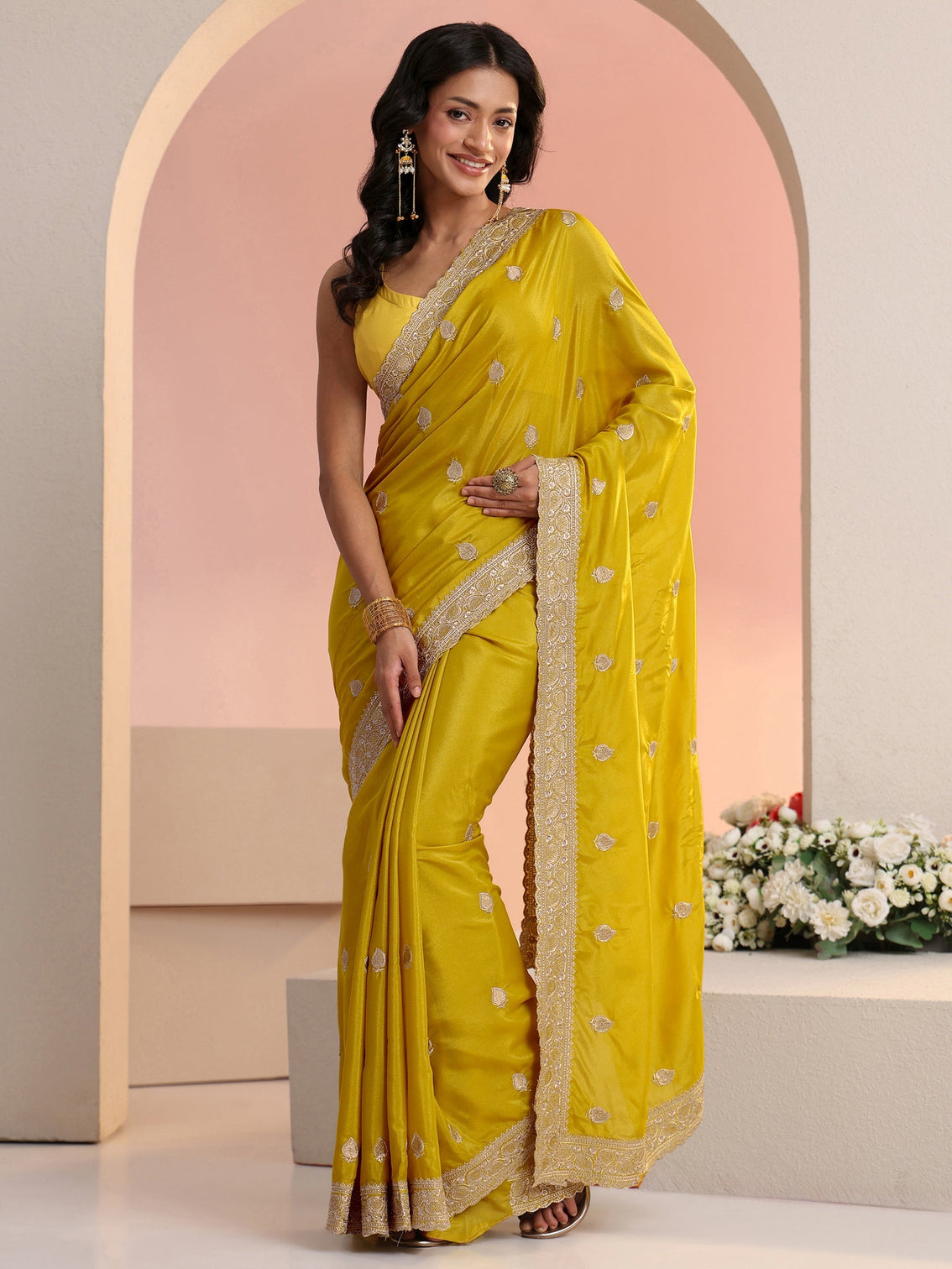 Mameraa Yellow Embroidered Silk Blend Saree