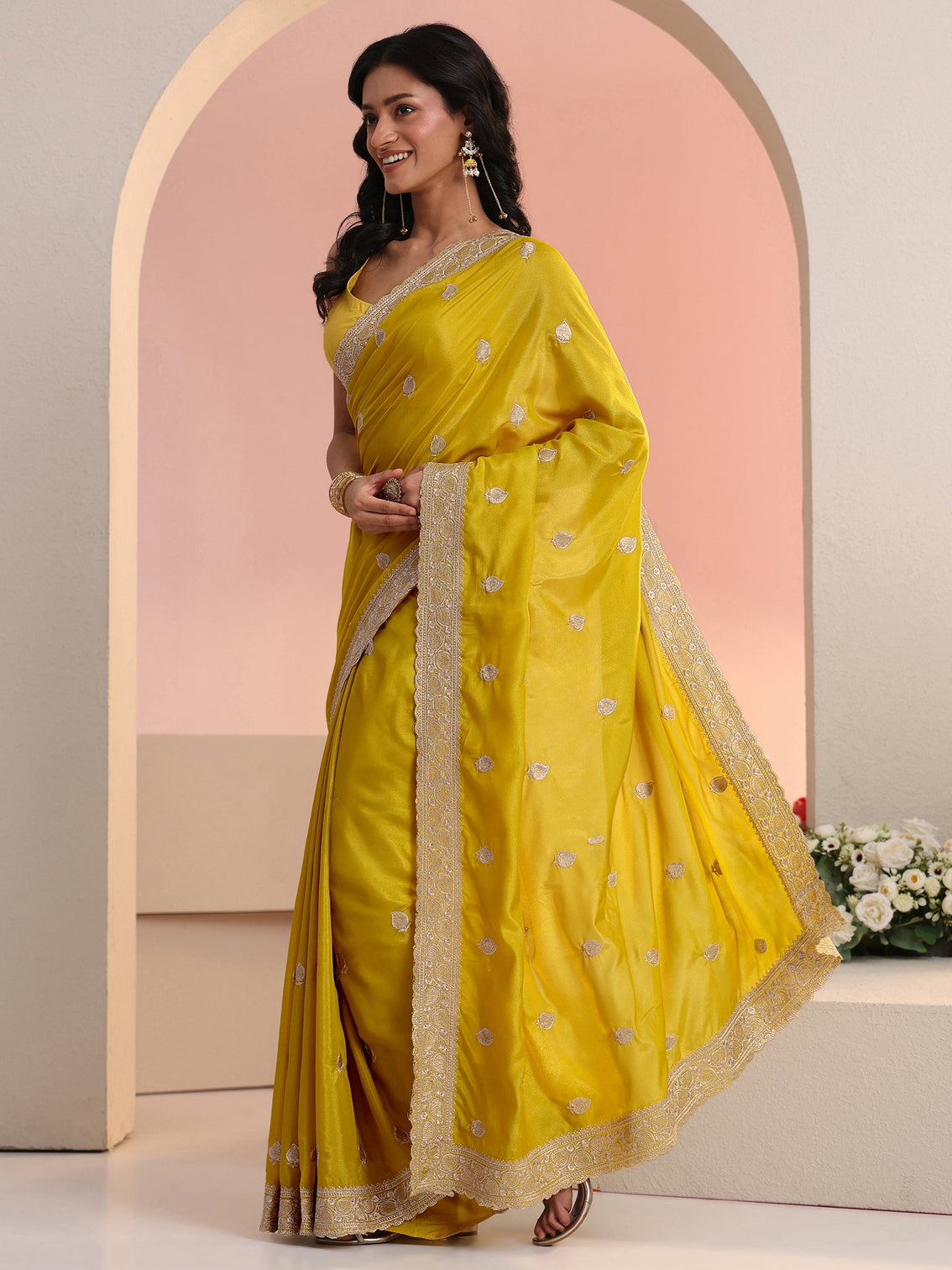 Mameraa Yellow Embroidered Silk Blend Saree