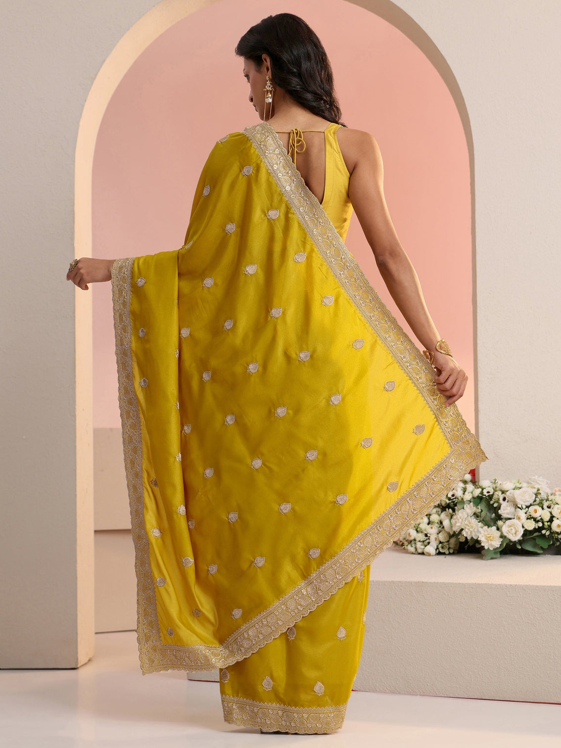 Mameraa Yellow Embroidered Silk Blend Saree