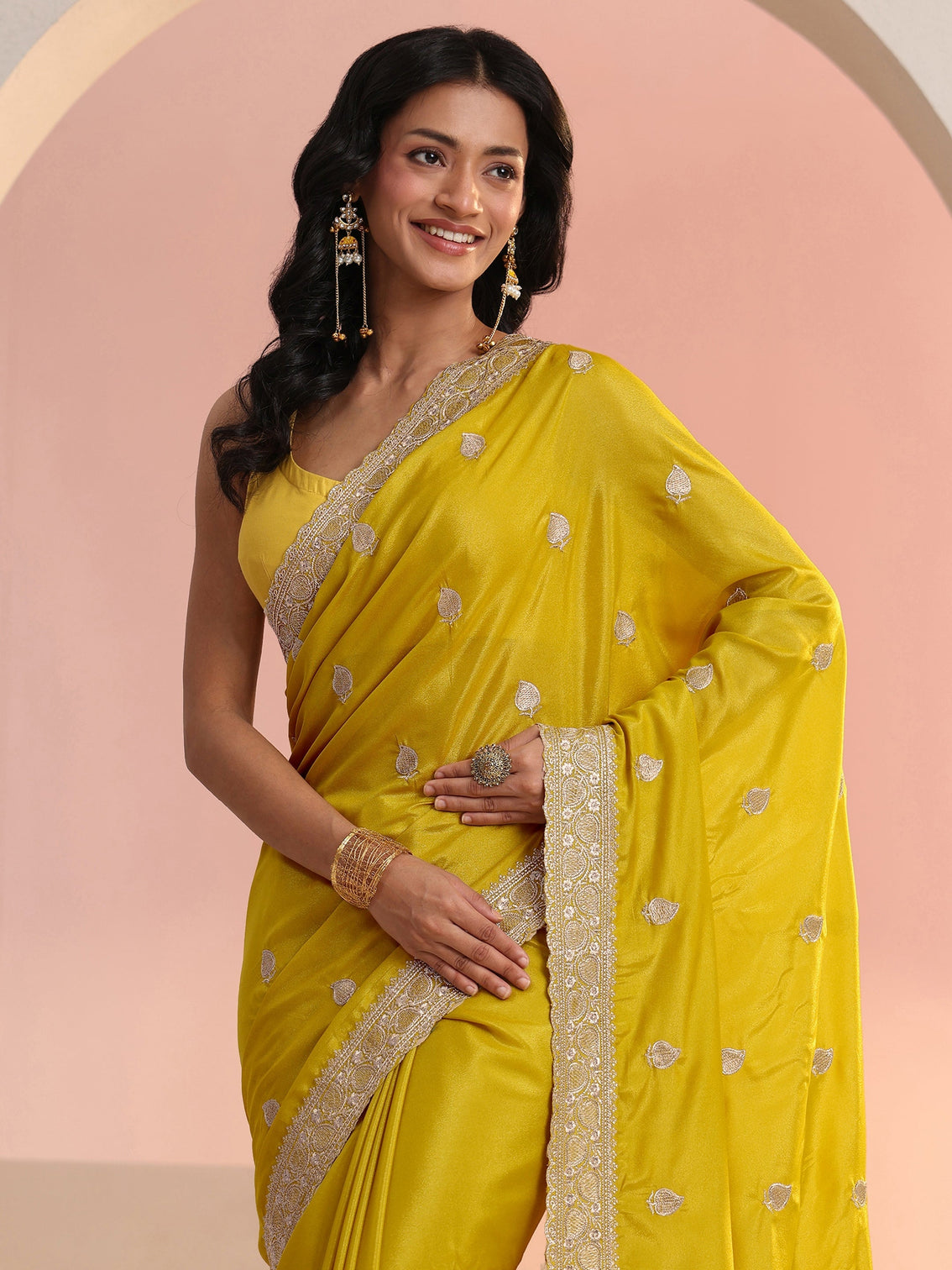 Mameraa Yellow Embroidered Silk Blend Saree