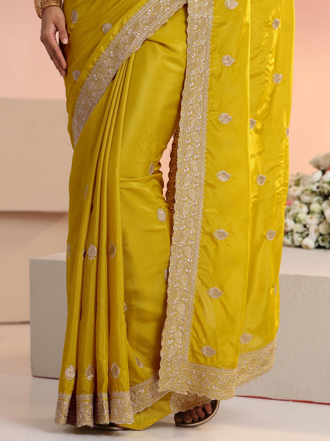 Mameraa Yellow Embroidered Silk Blend Saree