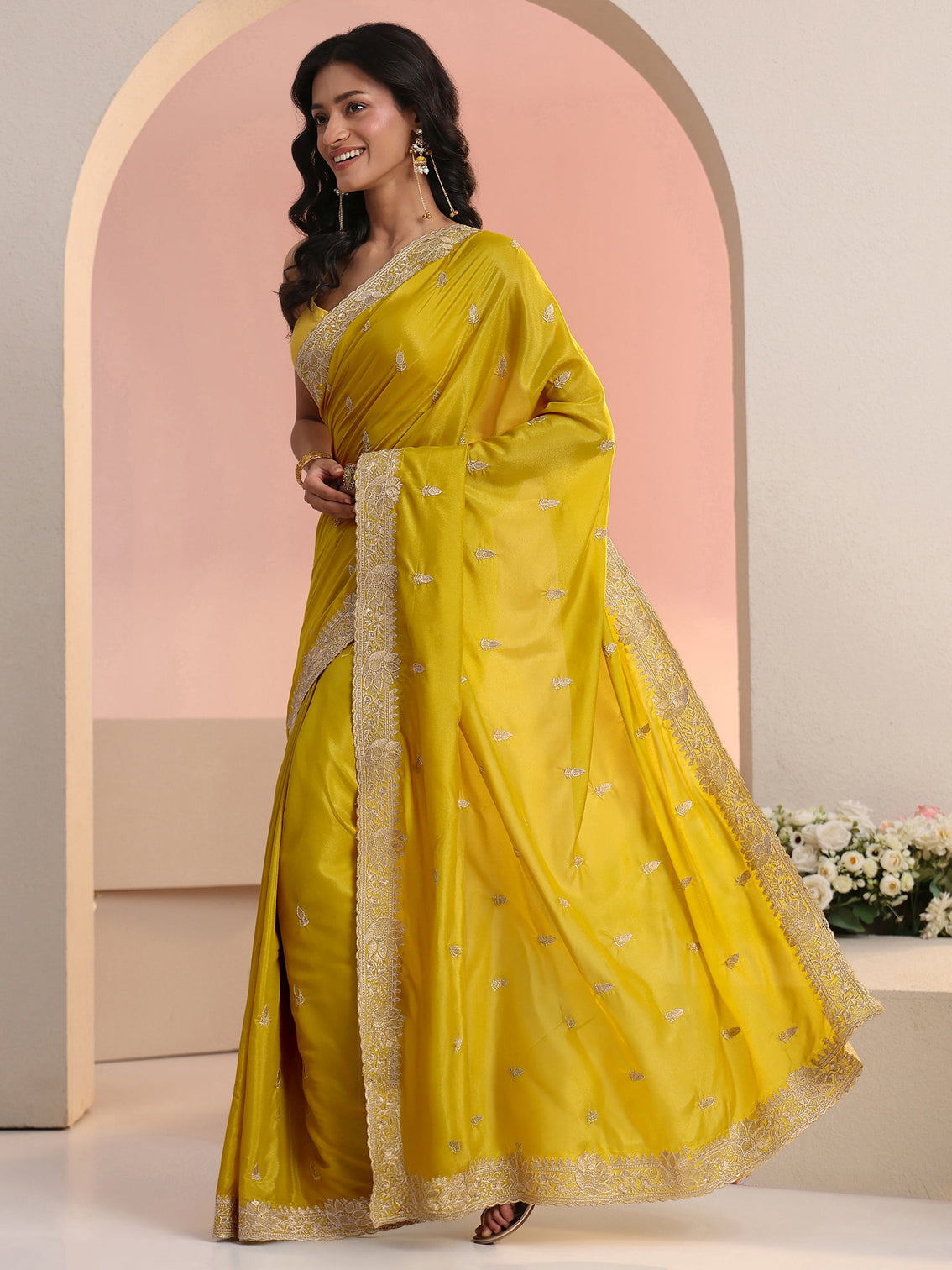 Mameraa Mustard Embroidered Silk Blend Saree