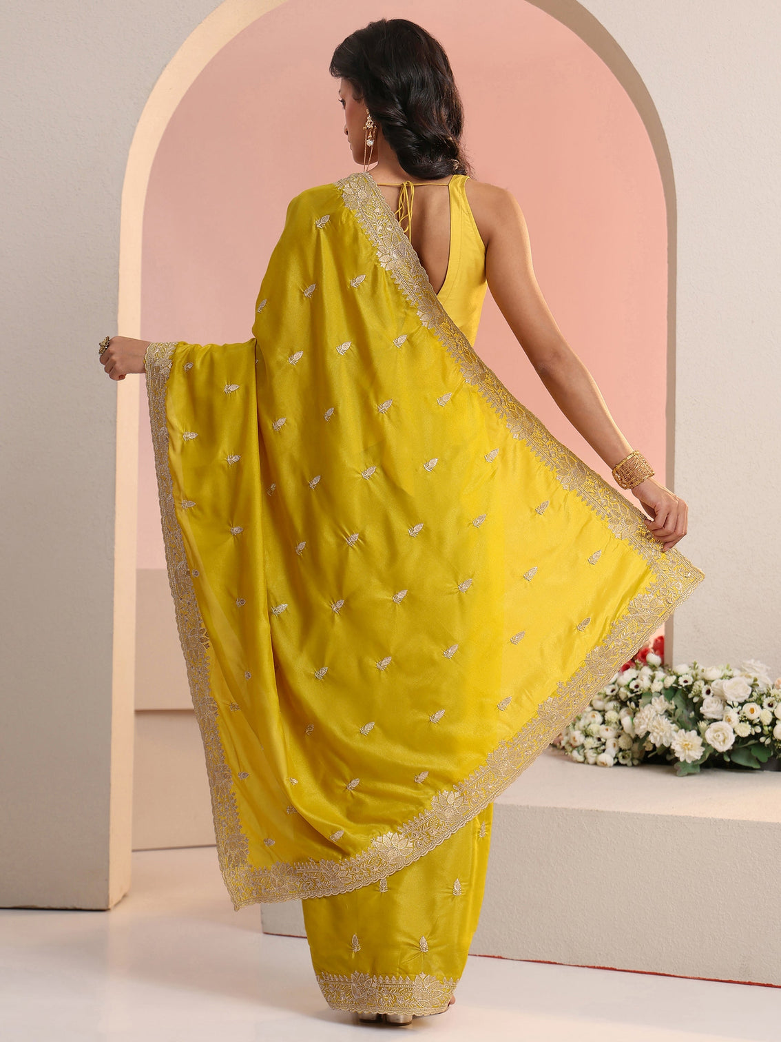 Mameraa Mustard Embroidered Silk Blend Saree