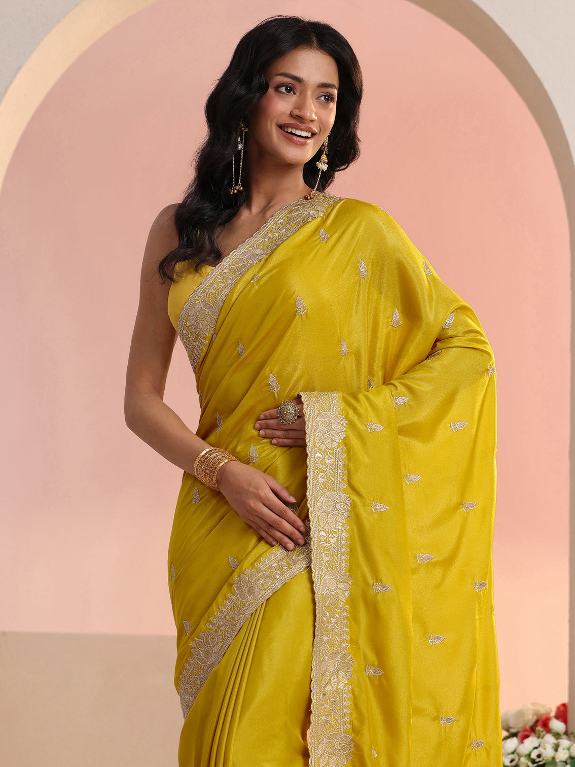 Mameraa Mustard Embroidered Silk Blend Saree
