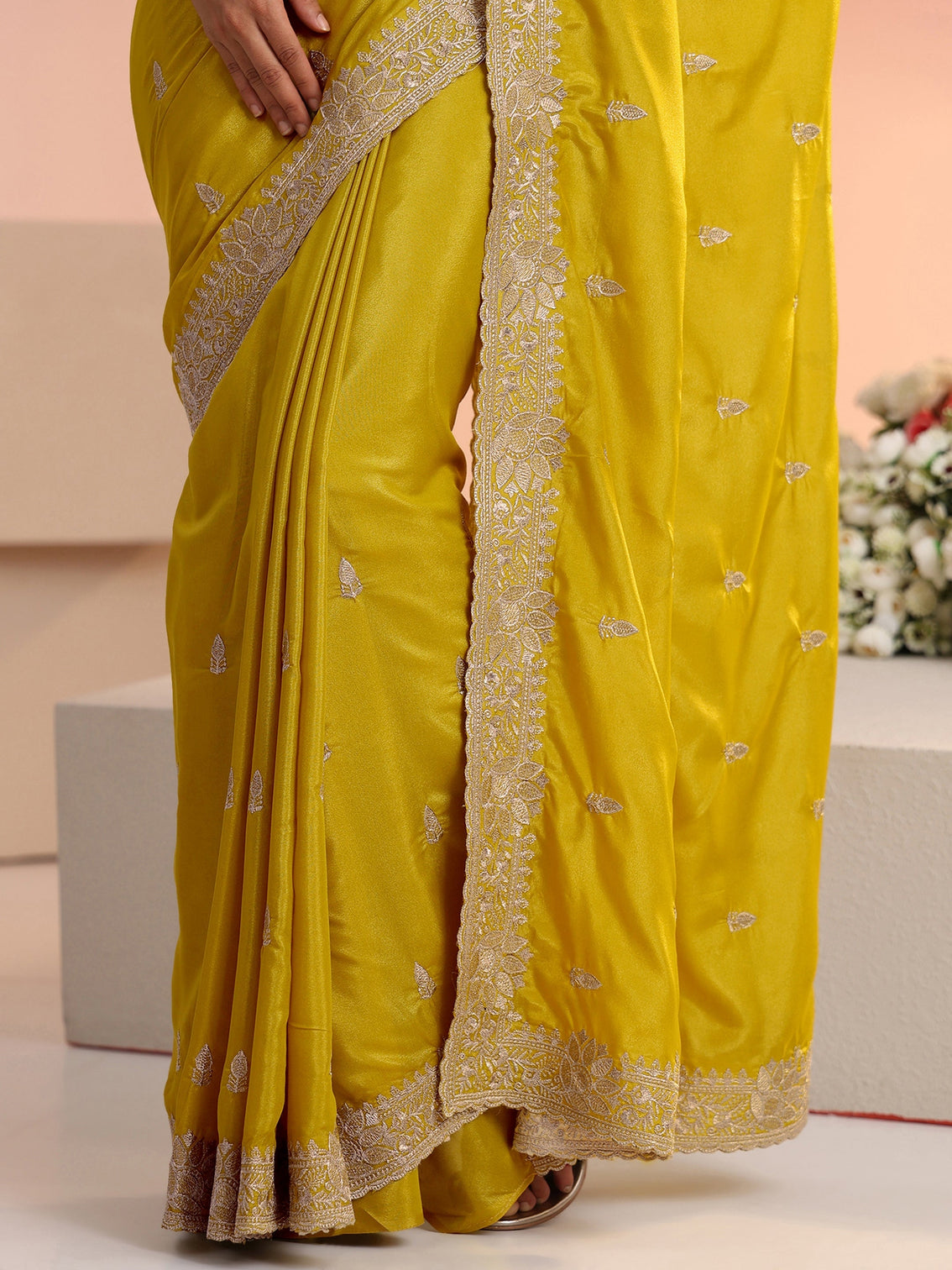 Mameraa Mustard Embroidered Silk Blend Saree