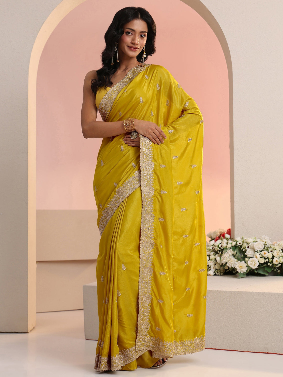 Mameraa Mustard Embroidered Silk Blend Saree