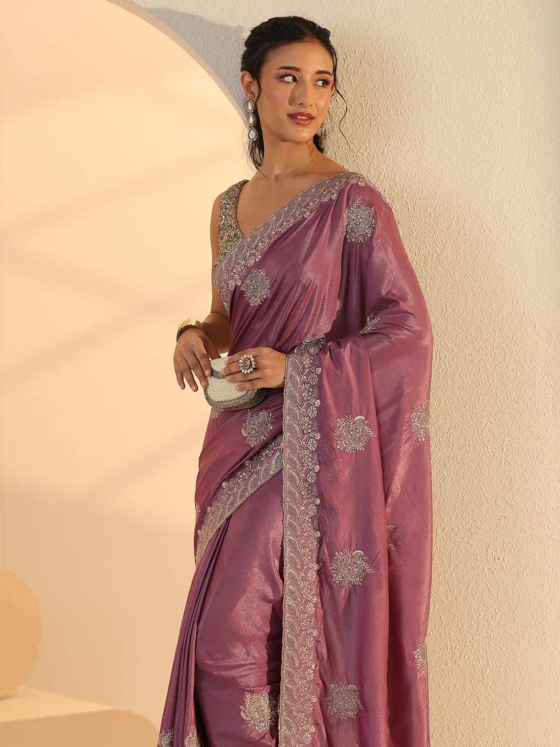 Mameraa Dusty Purple Floral Embroidered Silk Blend Saree