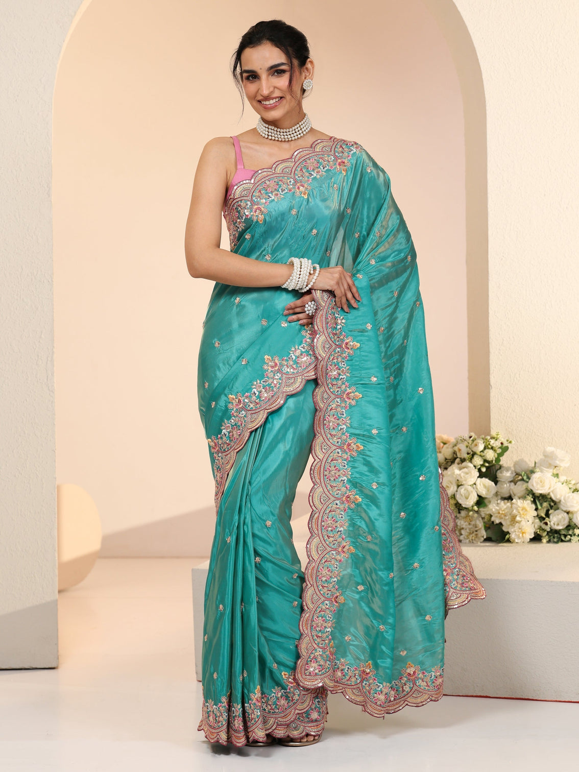 Mameraa Sea Green Embellished Silk Blend Saree