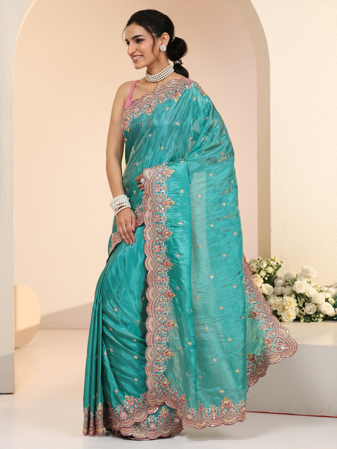 Mameraa Sea Green Embellished Silk Blend Saree