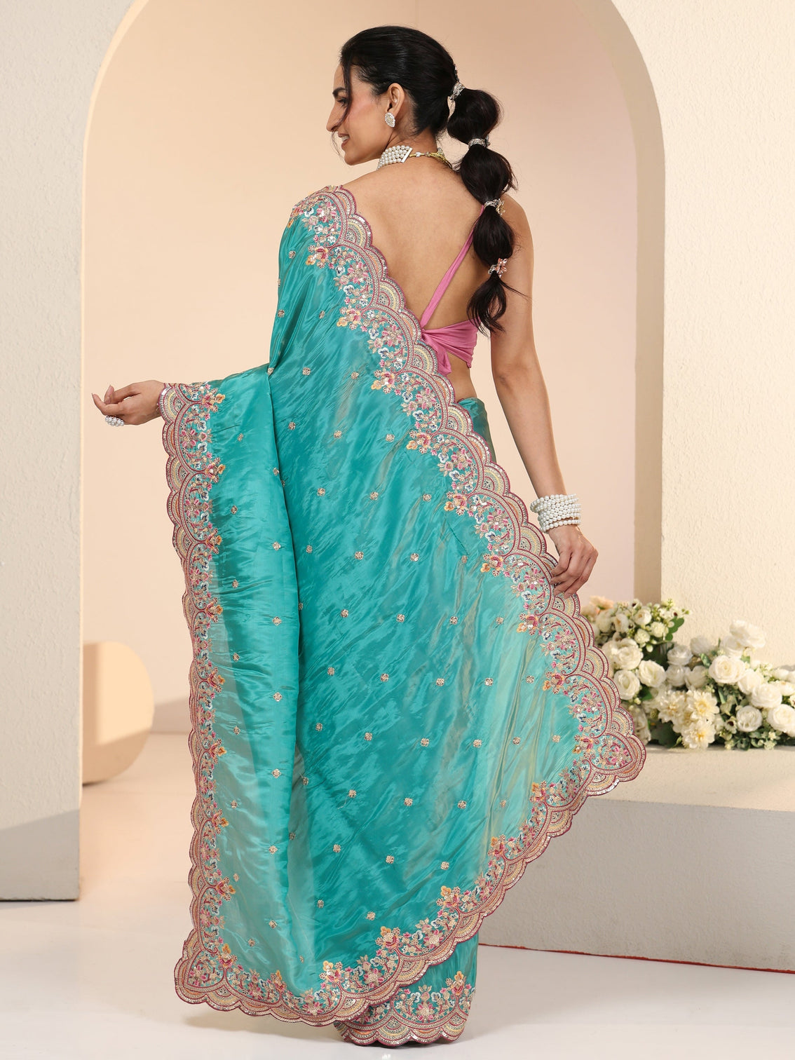 Mameraa Sea Green Embellished Silk Blend Saree