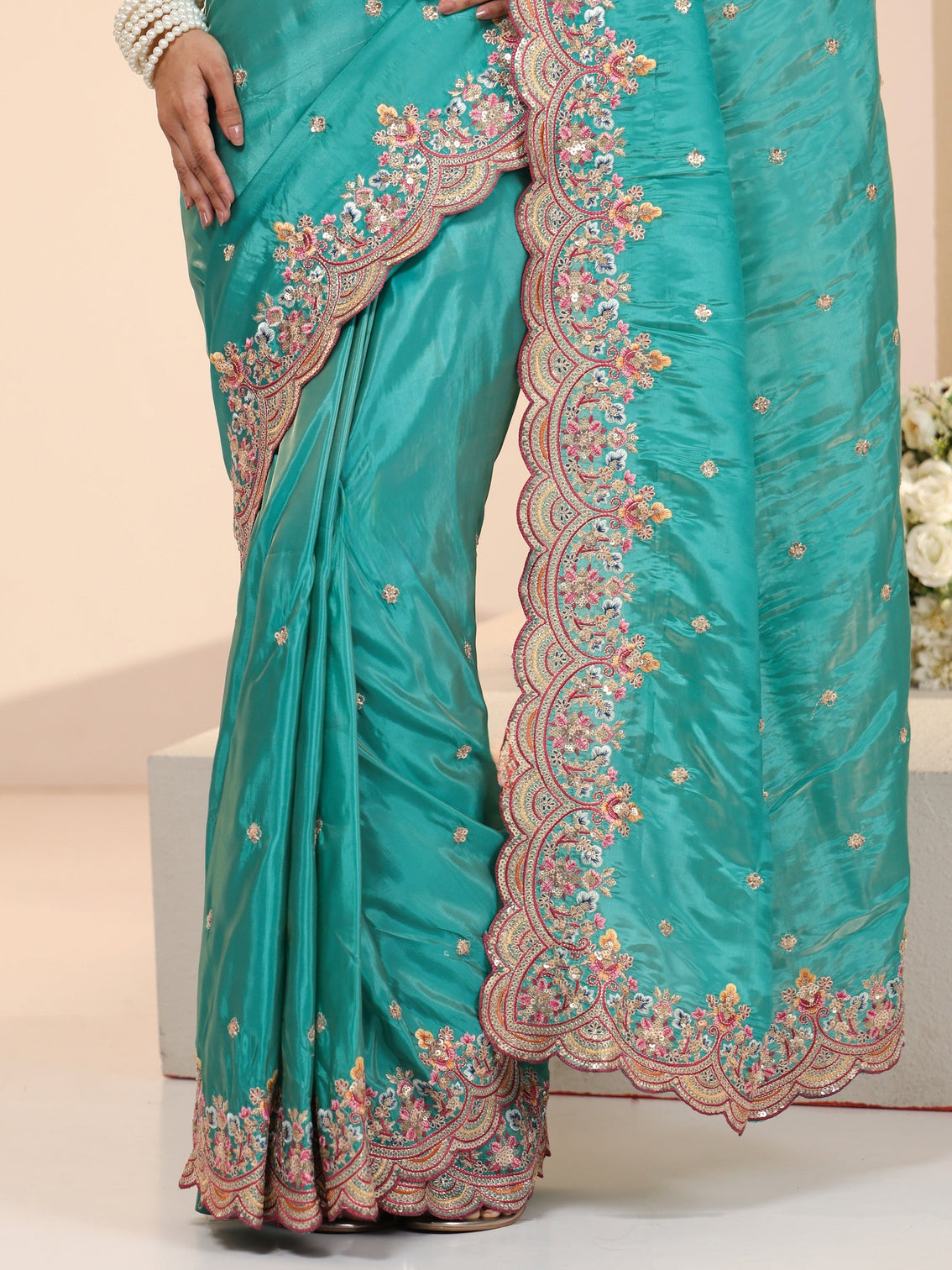 Mameraa Sea Green Embellished Silk Blend Saree