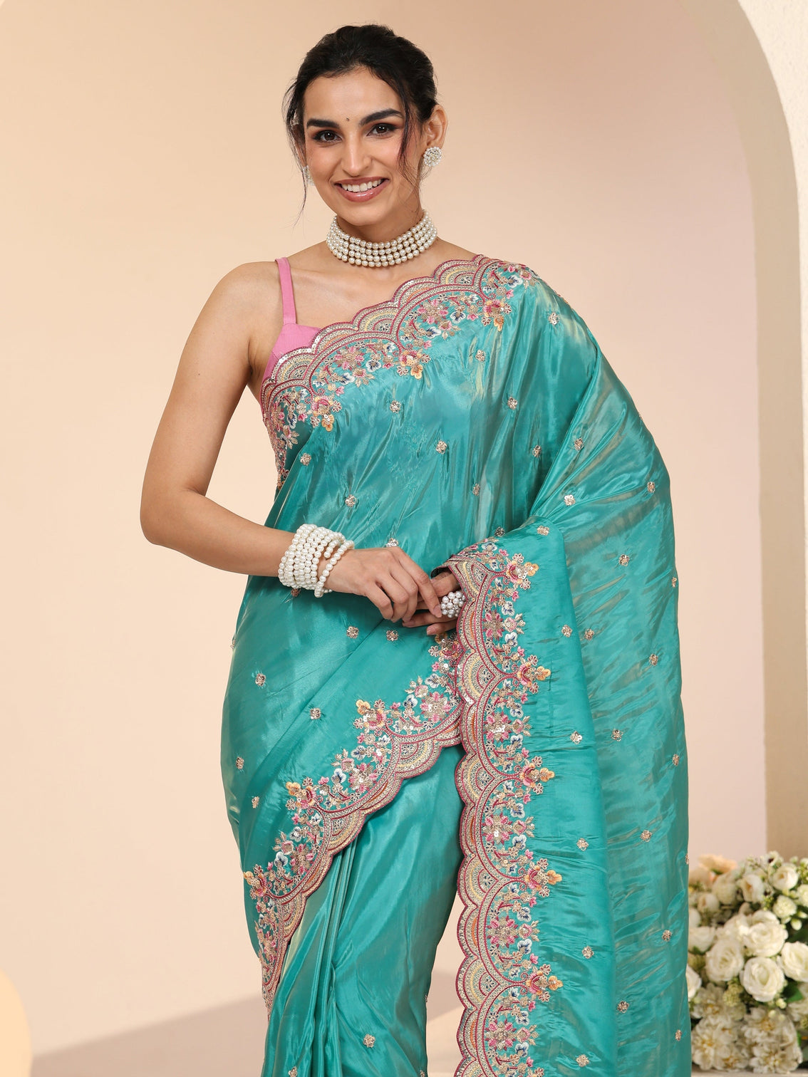 Mameraa Sea Green Embellished Silk Blend Saree