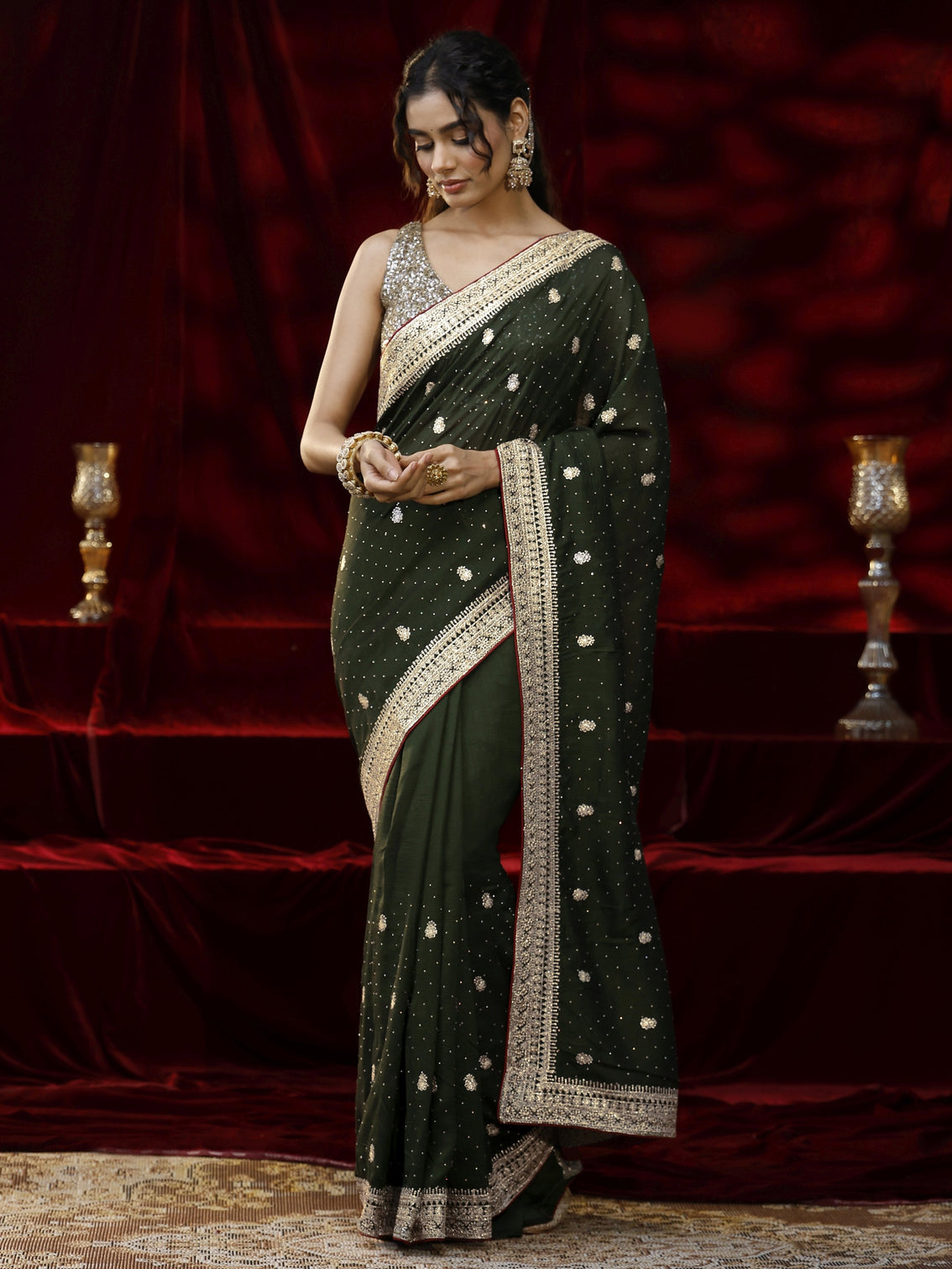 Mameraa Green Floral Embroidered Silk blend Saree