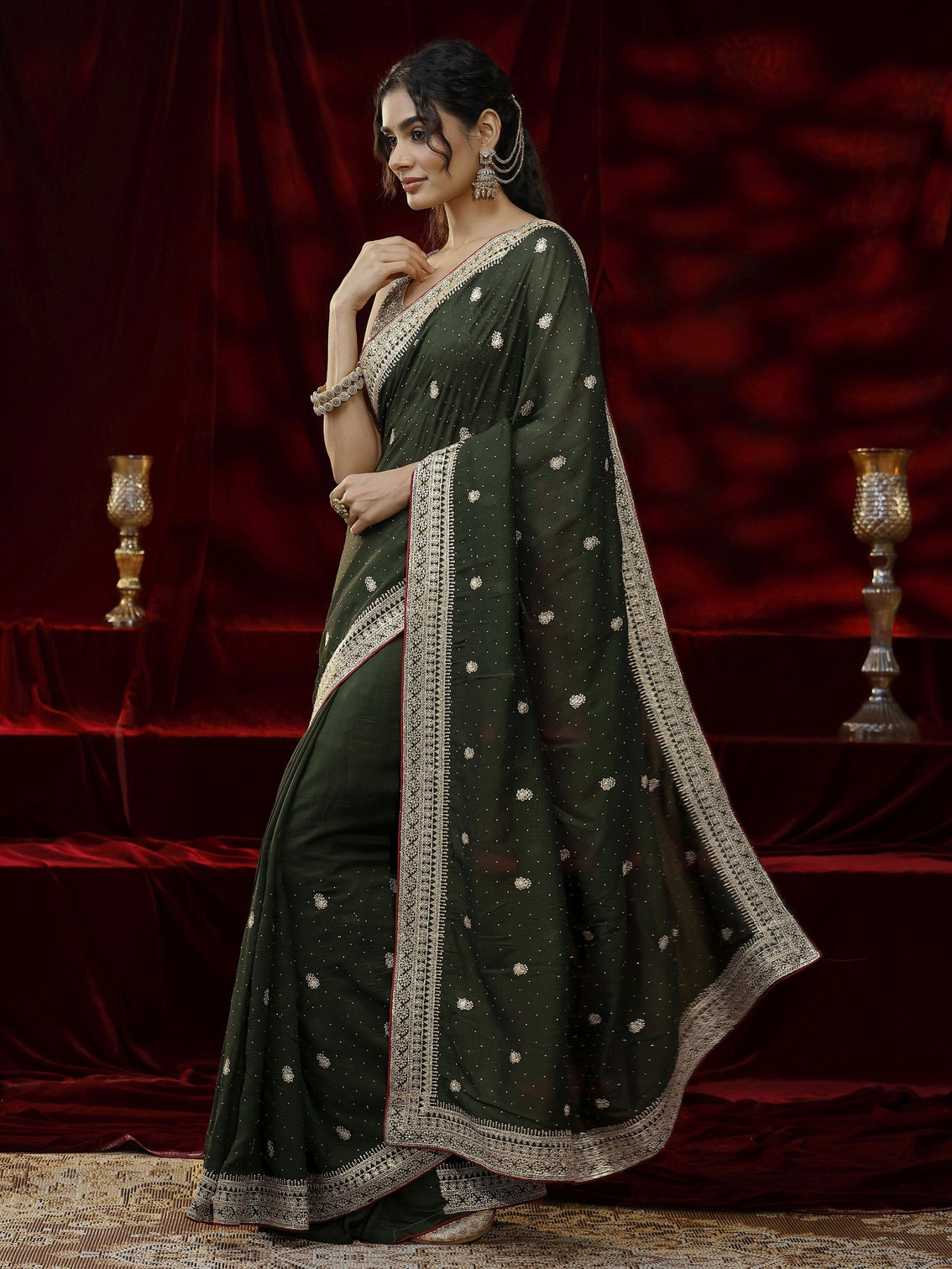 Mameraa Green Floral Embroidered Silk blend Saree