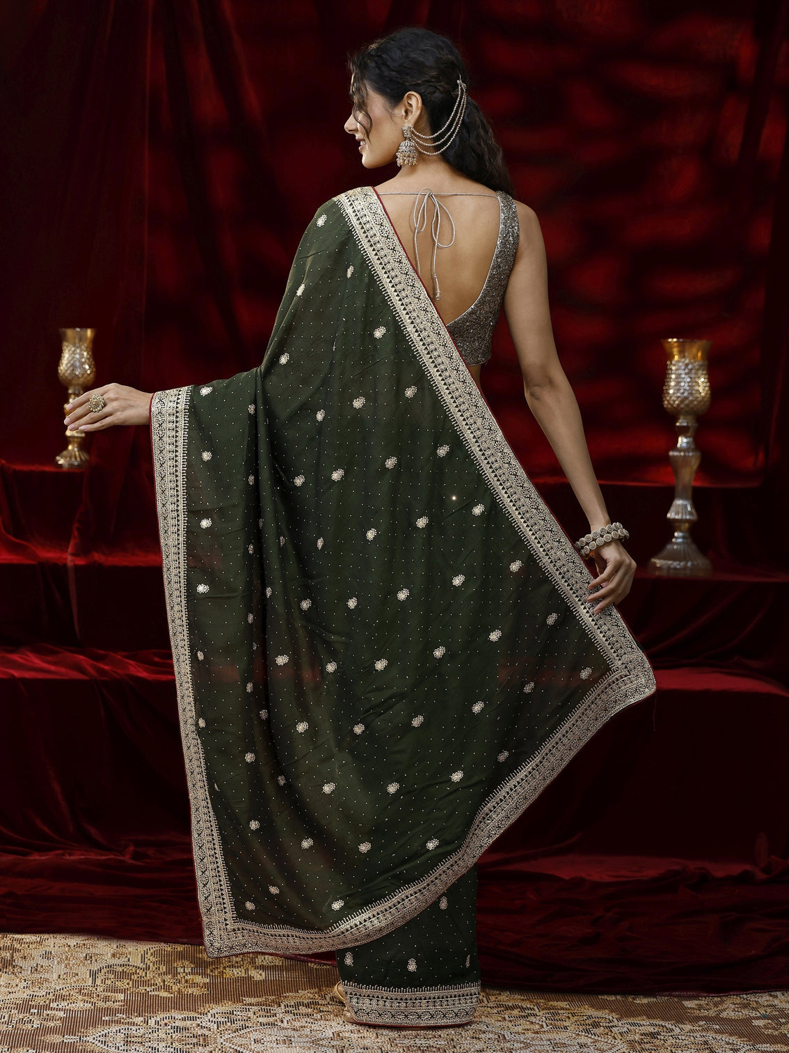 Mameraa Green Floral Embroidered Silk blend Saree