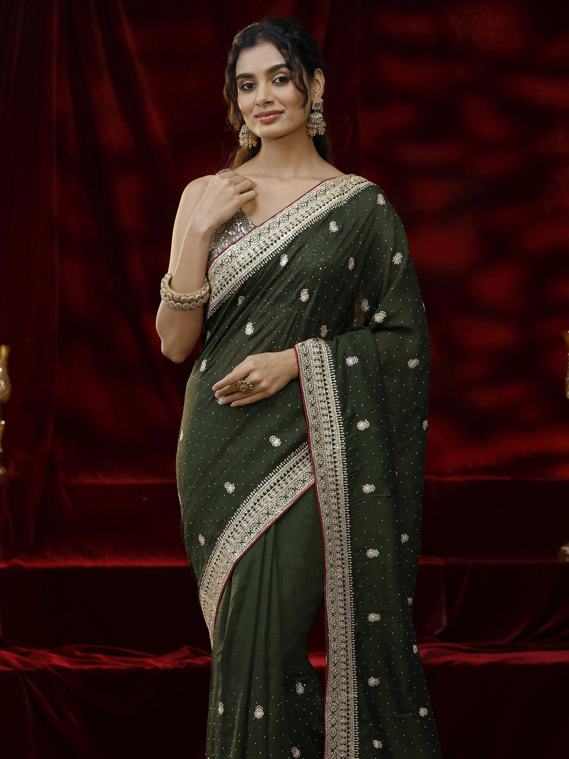 Mameraa Green Floral Embroidered Silk blend Saree