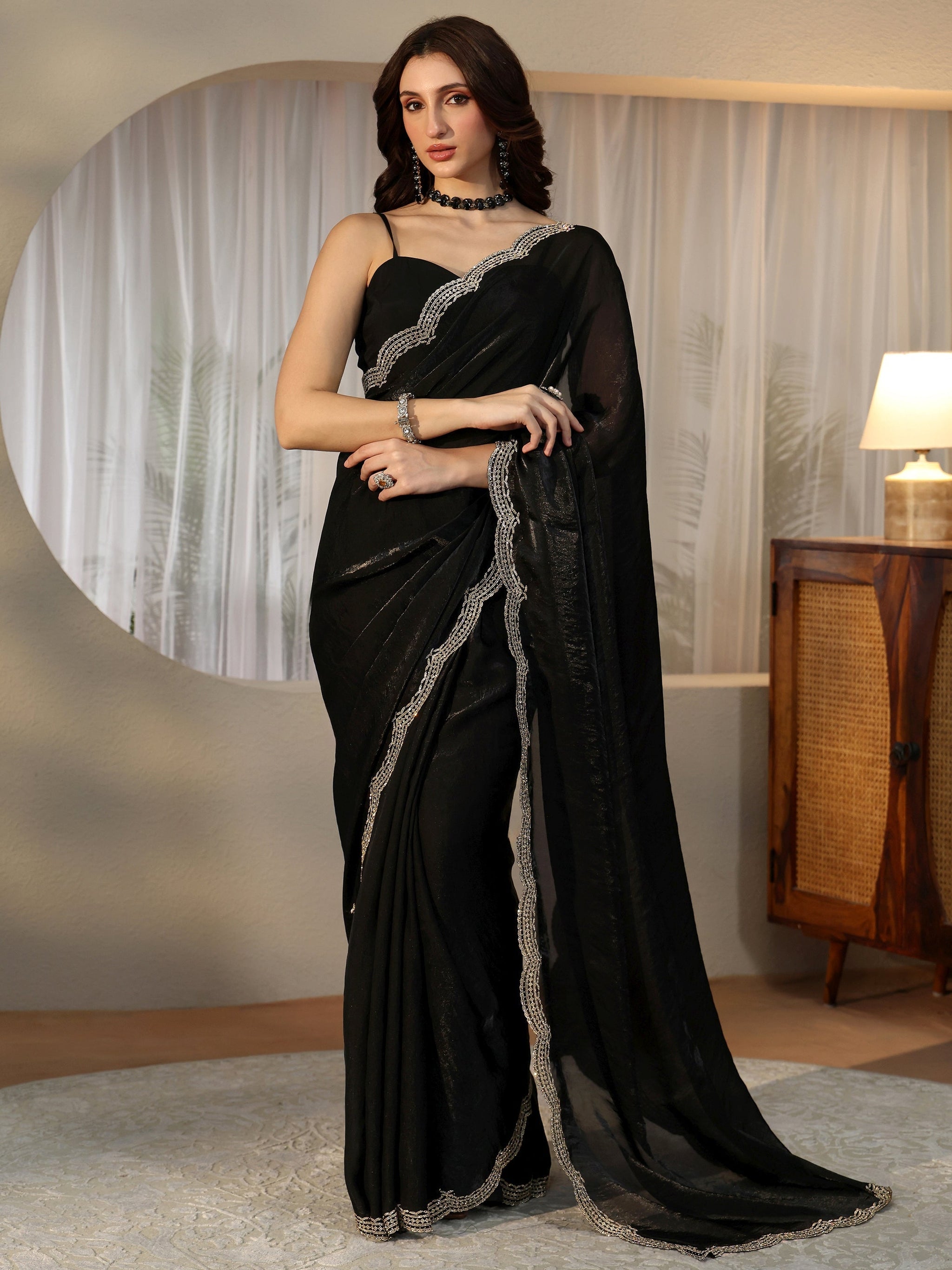 Libas Black Silk Blend Saree with Embellished Border