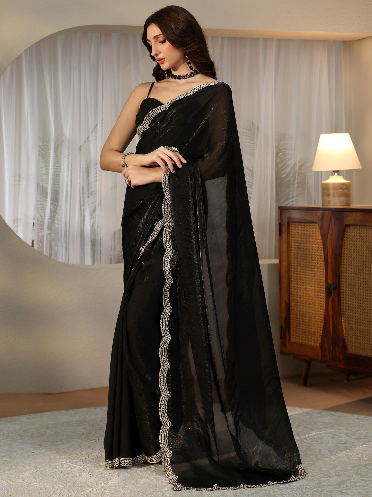 Libas Black Silk Blend Saree with Embellished Border