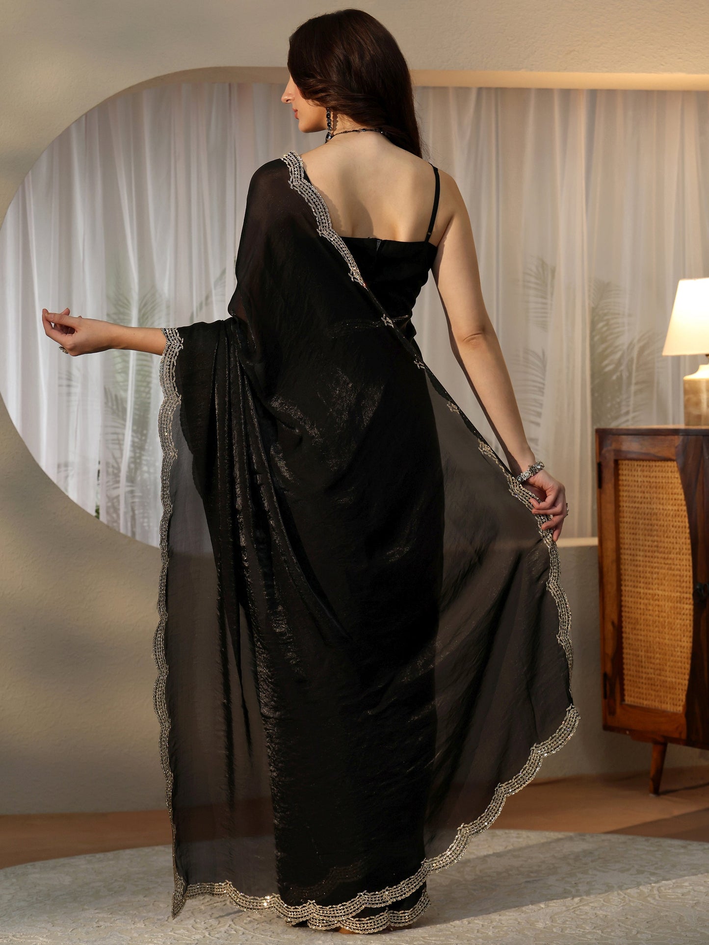 Libas Black Silk Blend Saree with Embellished Border
