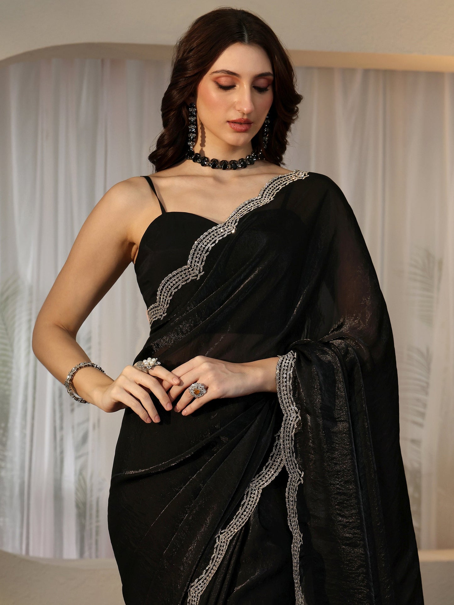 Libas Black Silk Blend Saree with Embellished Border