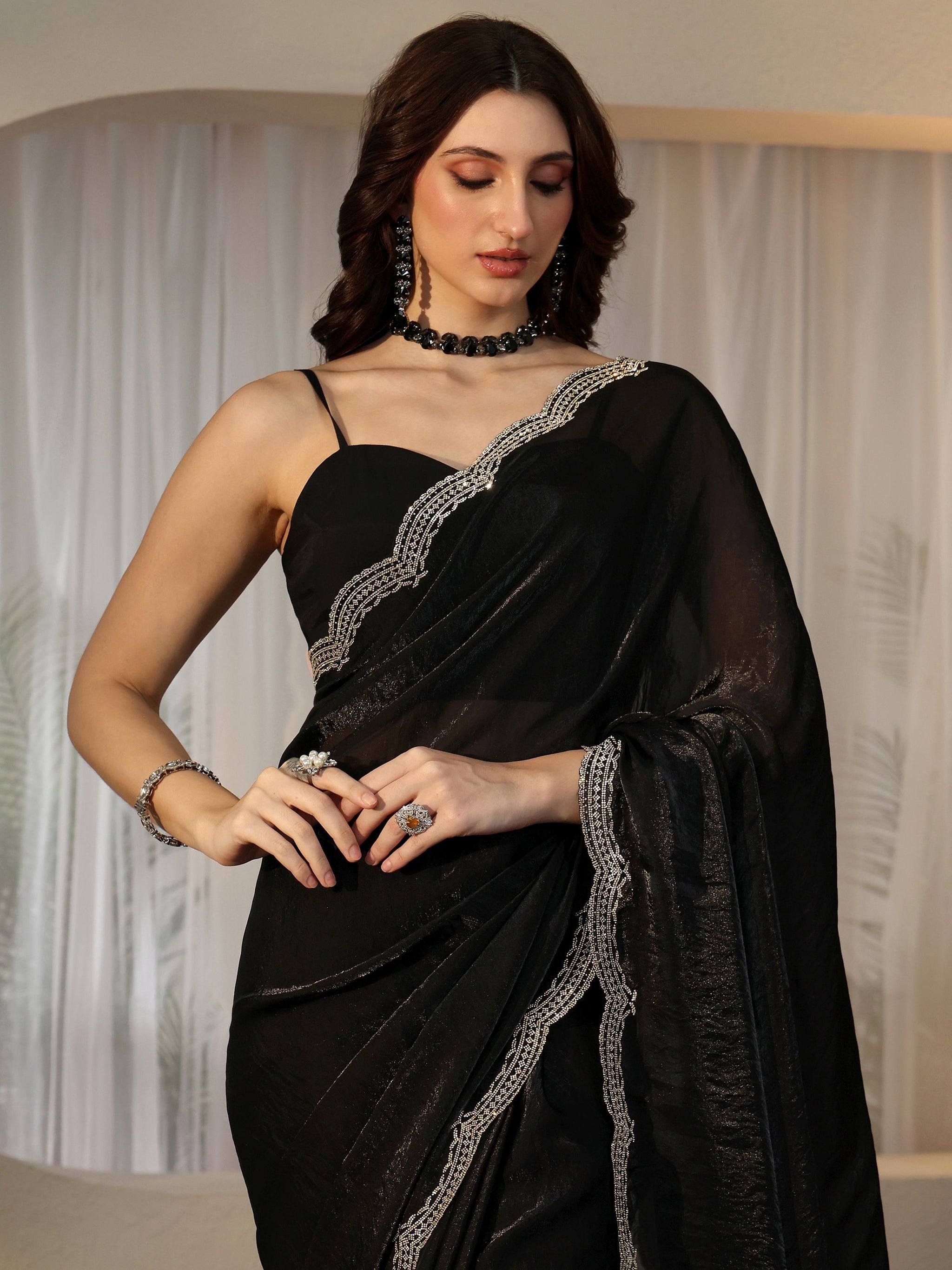 Libas Black Silk Blend Saree with Embellished Border