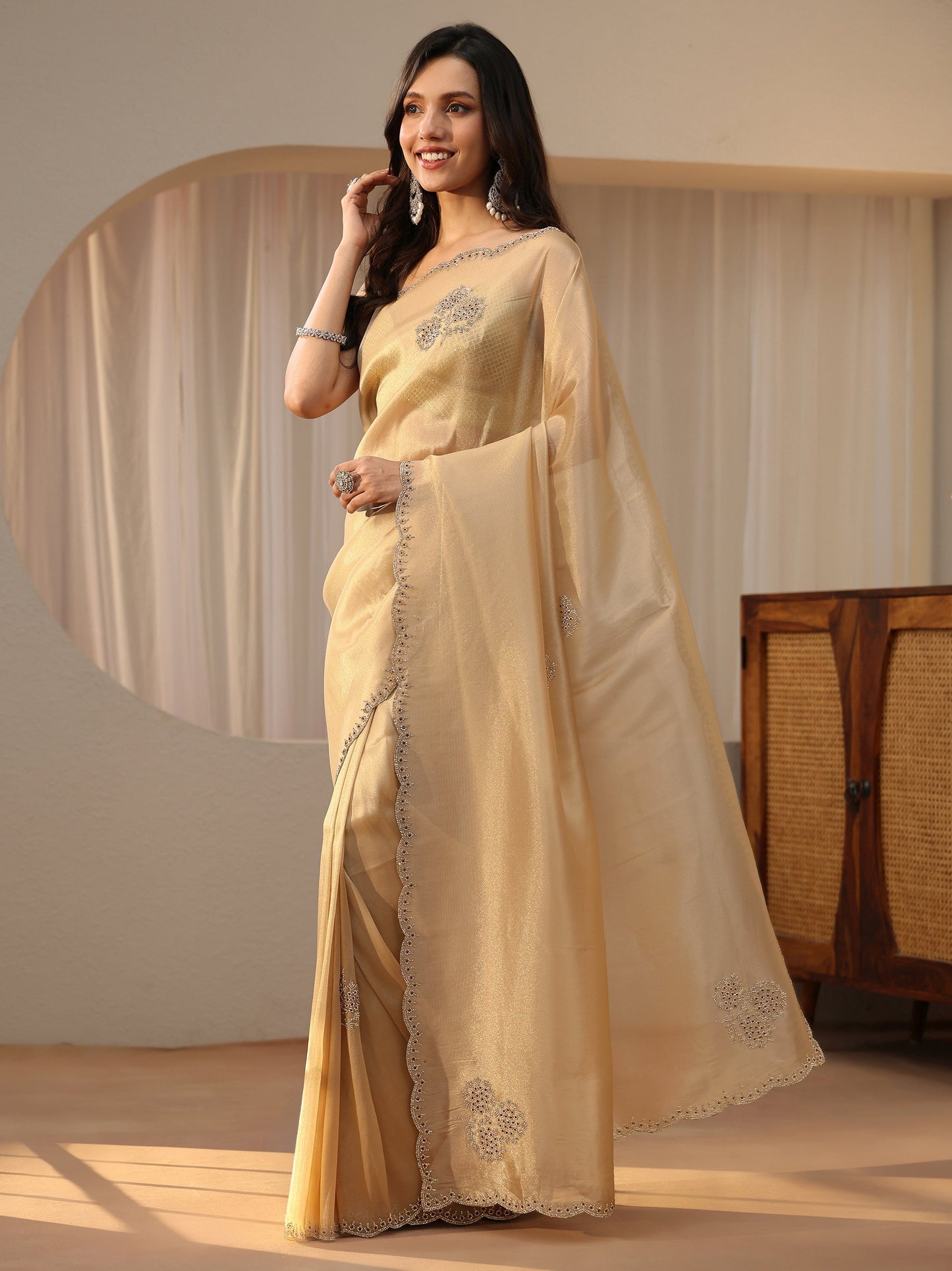 Libas Gold Tissue Saree with Floral Embellishments