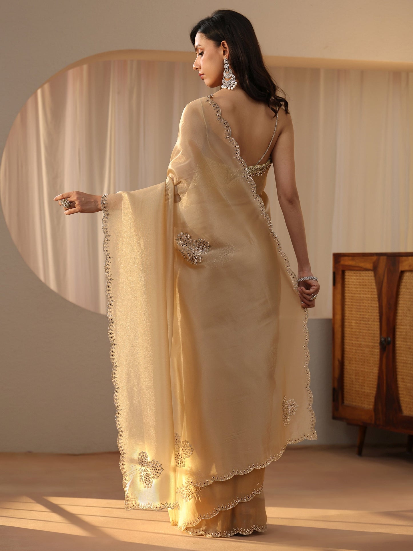 Libas Gold Tissue Saree with Floral Embellishments