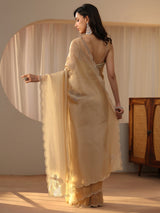 Libas Gold Tissue Saree with Floral Embellishments