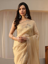 Libas Gold Tissue Saree with Floral Embellishments