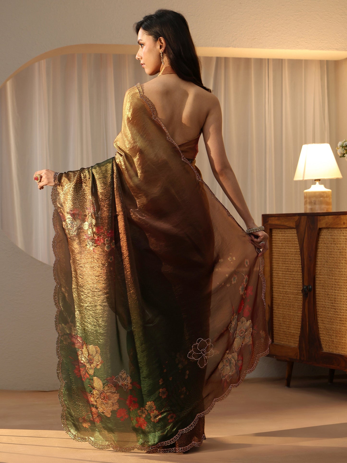 Libas Ombre Beige and Green Floral Silk Blend Saree
