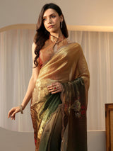 Libas Ombre Beige and Green Floral Silk Blend Saree