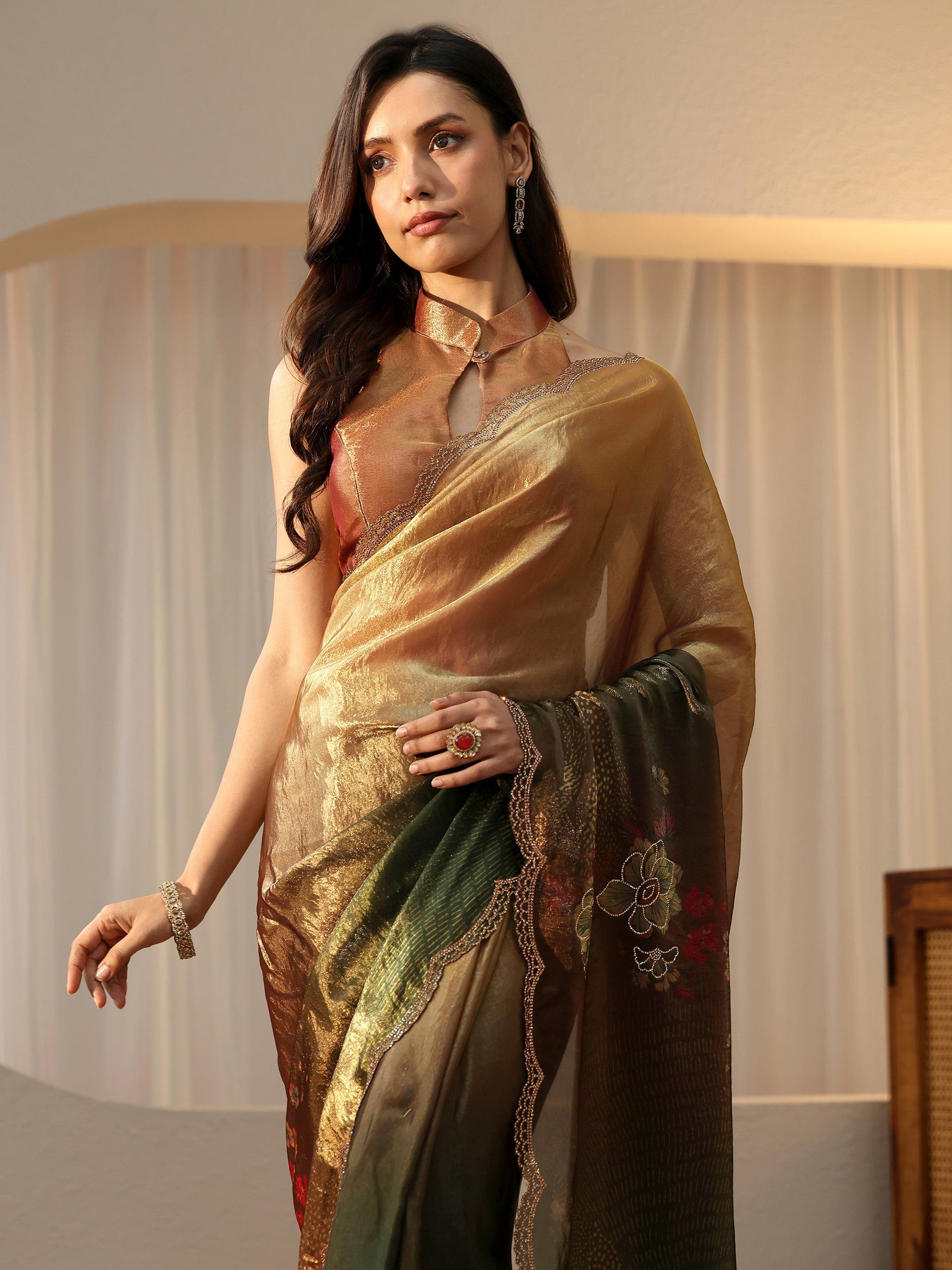 Libas Ombre Beige and Green Floral Silk Blend Saree