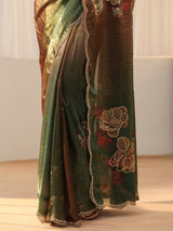 Libas Ombre Beige and Green Floral Silk Blend Saree