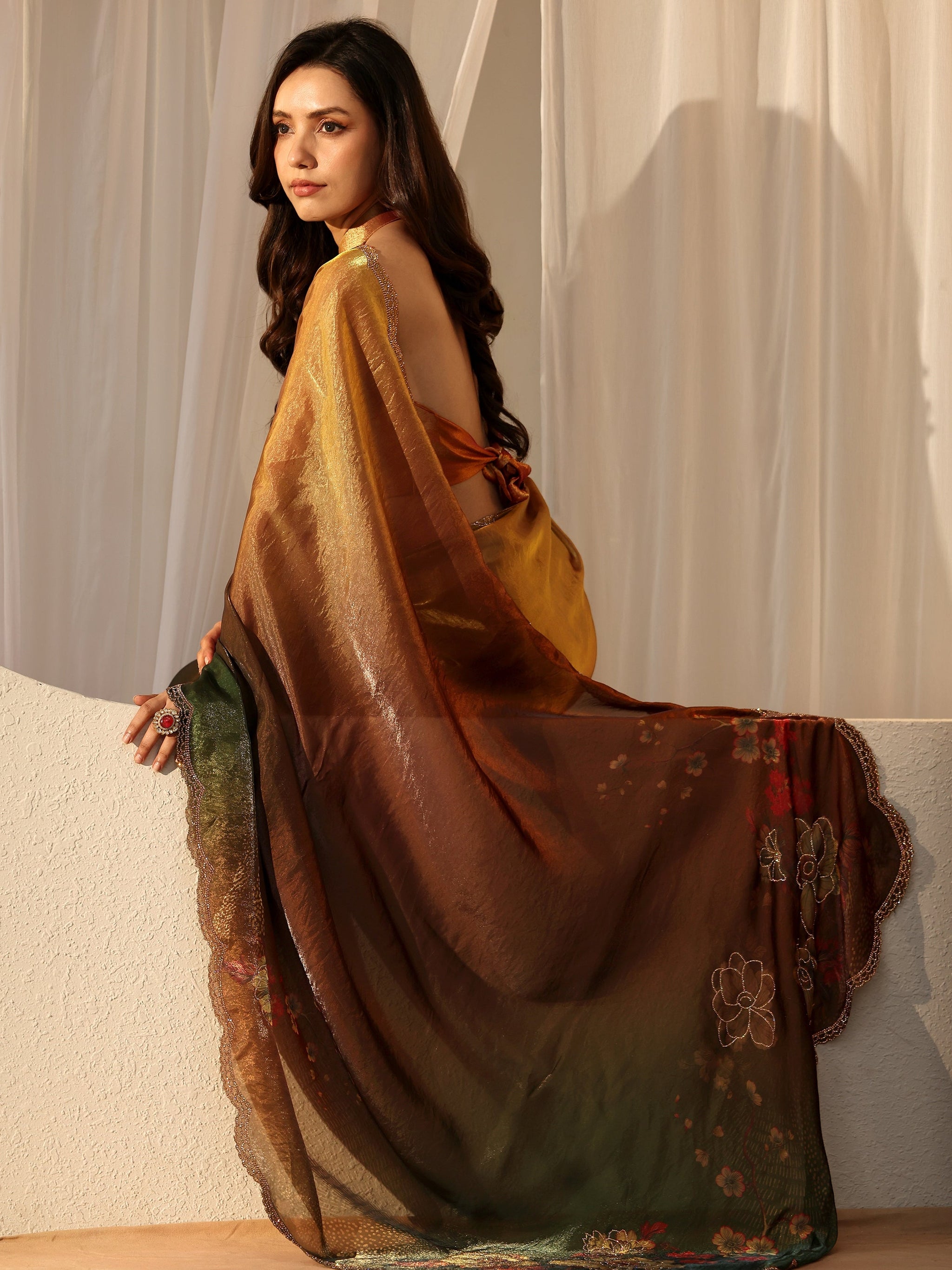 Libas Ombre Beige and Green Floral Silk Blend Saree