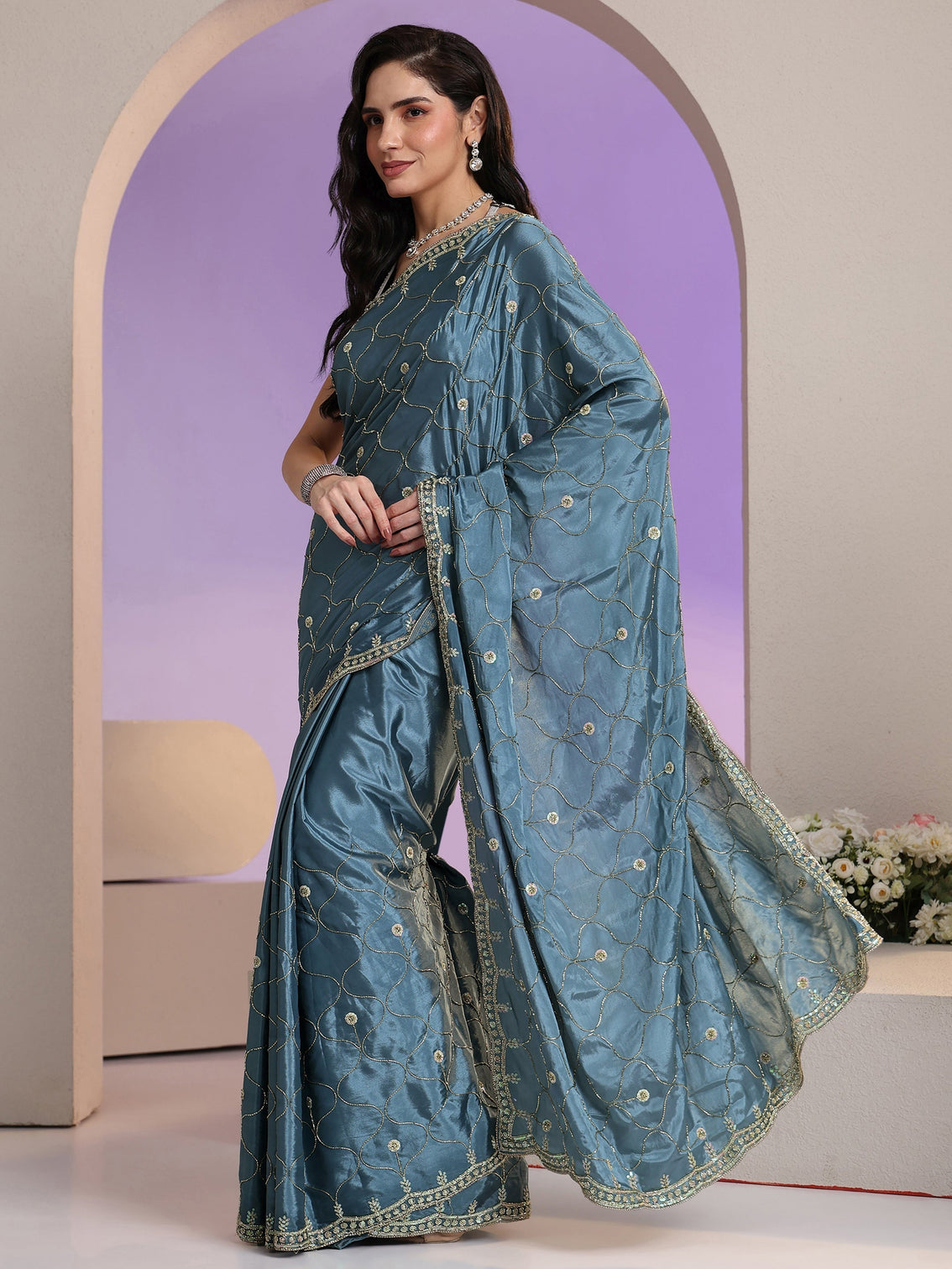 Mameraa Dusty Blue Embellished Silk Blend Saree