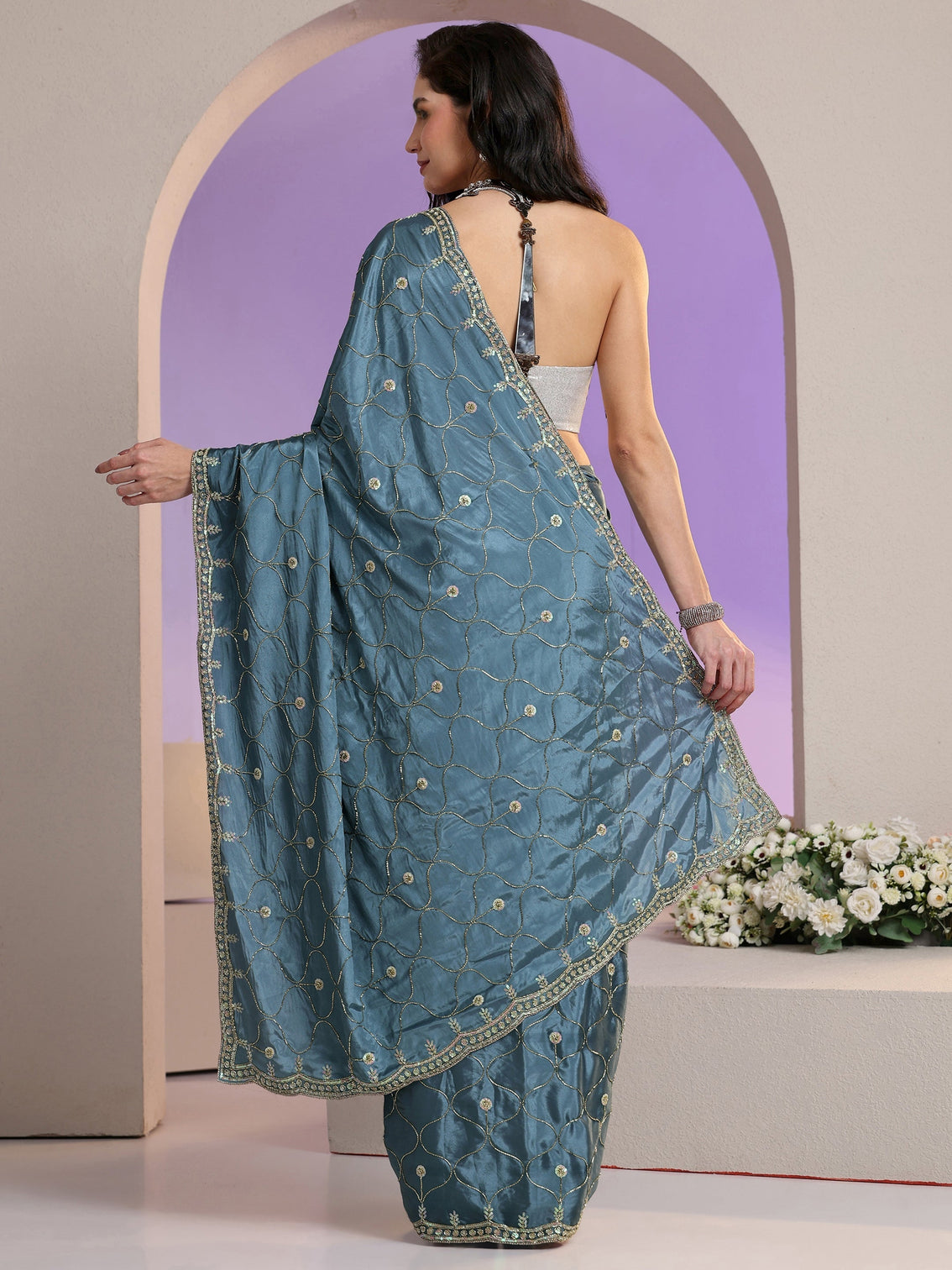 Mameraa Dusty Blue Embellished Silk Blend Saree