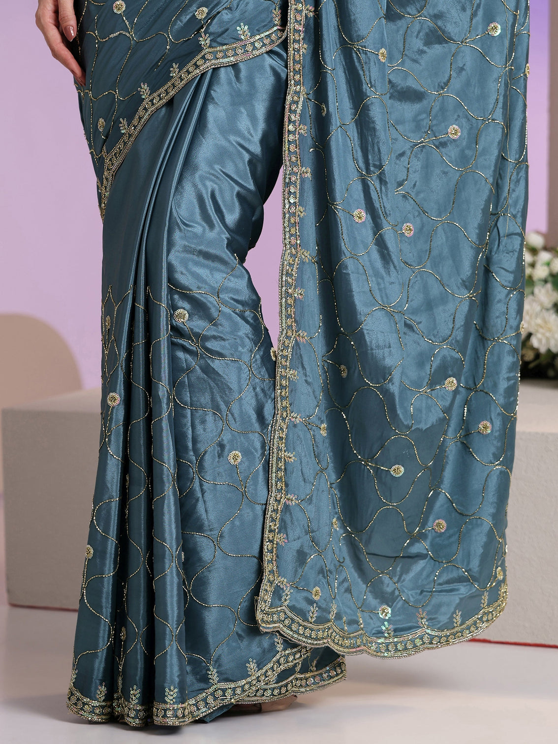 Mameraa Dusty Blue Embellished Silk Blend Saree