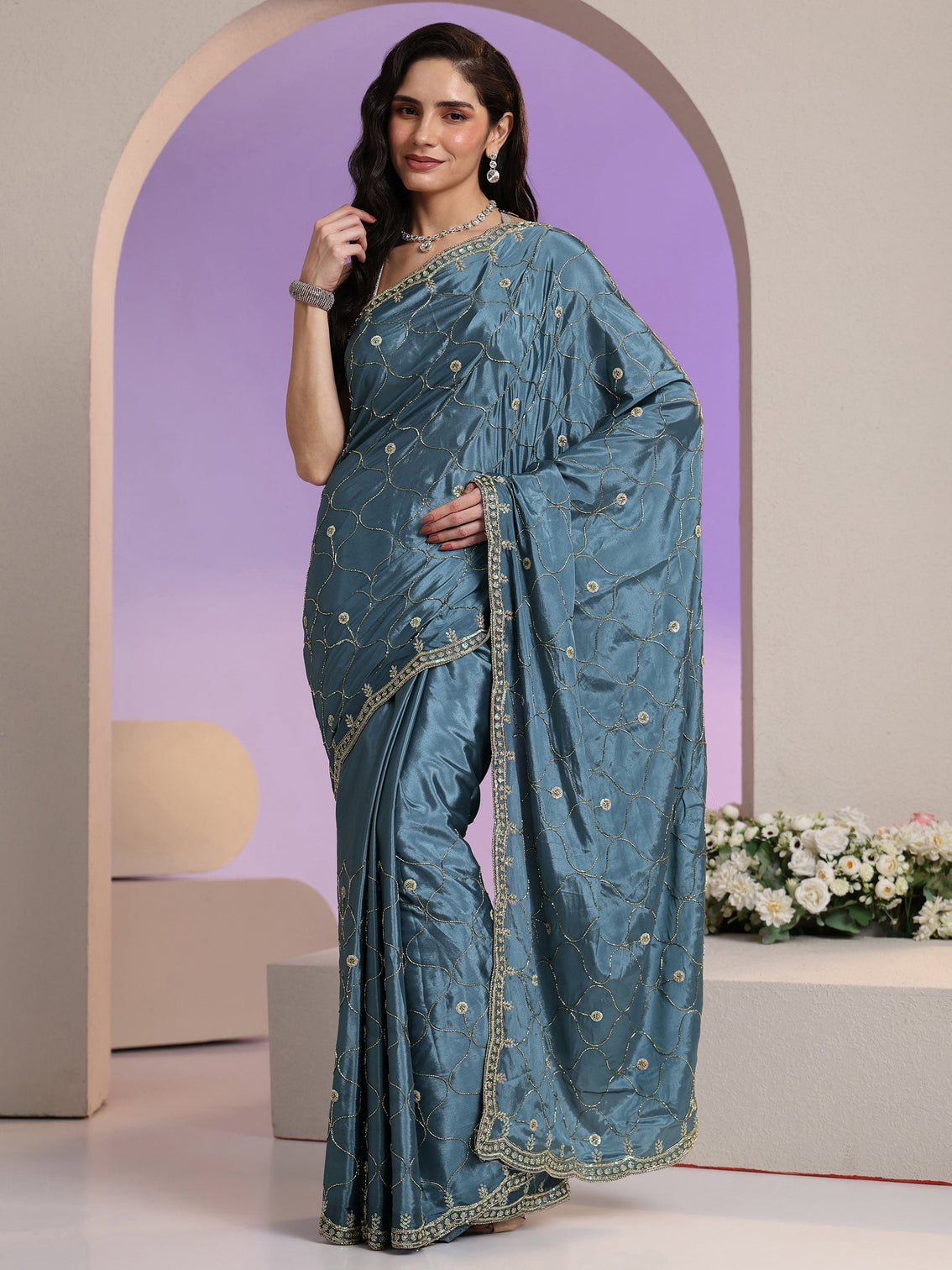 Mameraa Dusty Blue Embellished Silk Blend Saree