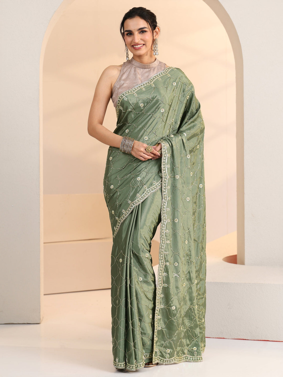 Mameraa Sage Green Floral Embellished Silk Blend Saree